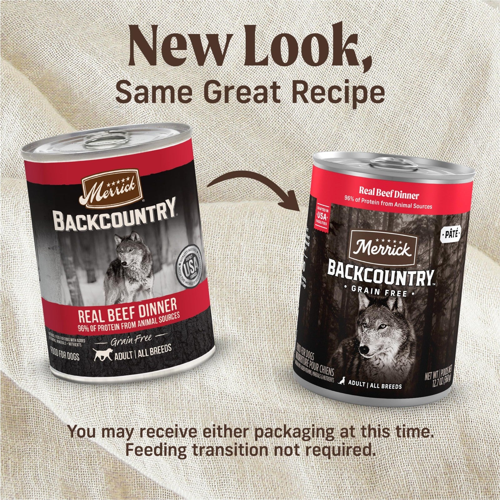 Canned Merrick Backcountry Grain-Free Premium Dog Food with soft, healthy, shredded meat and gravy in a metal can.