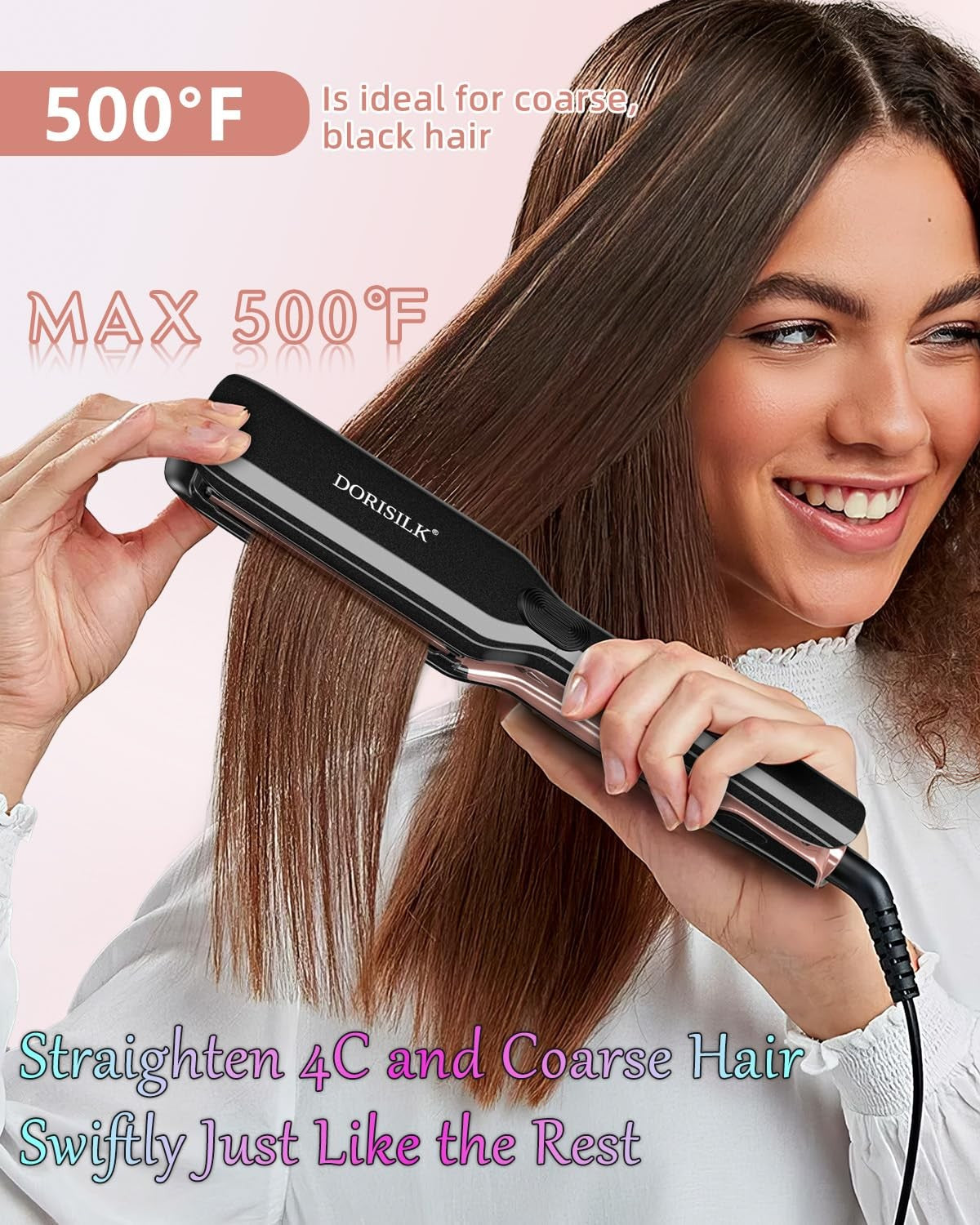 DORISILK 500°F high-temperature professional ceramic hair straightener with wide plates for sleek, straight hair styling.