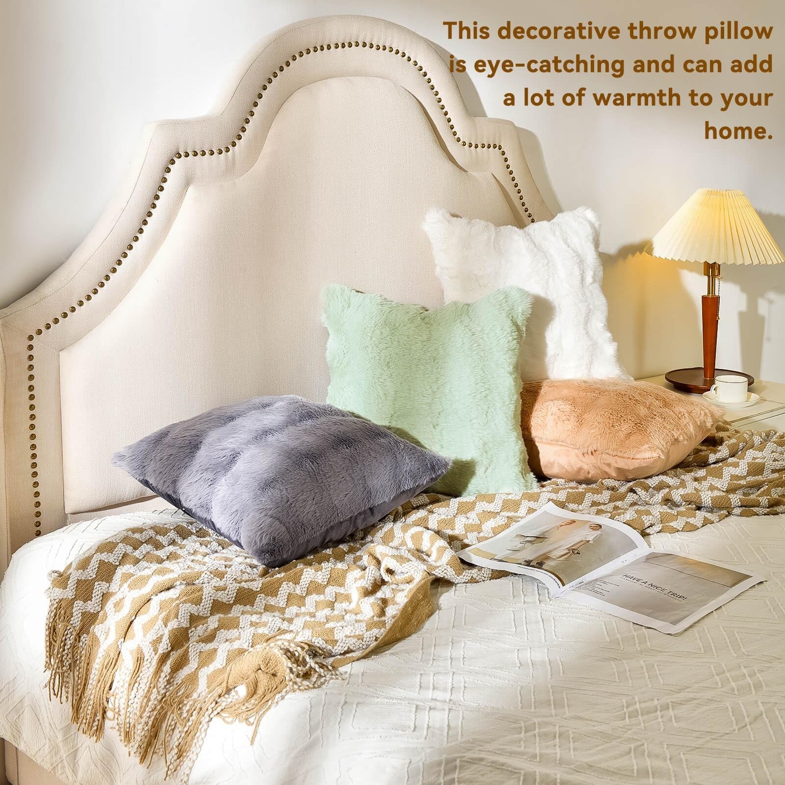 AmHoo pack of 2 cozy throw pillow covers with 3D dense faux rabbit fur, soft and plush for comfortable home decor.