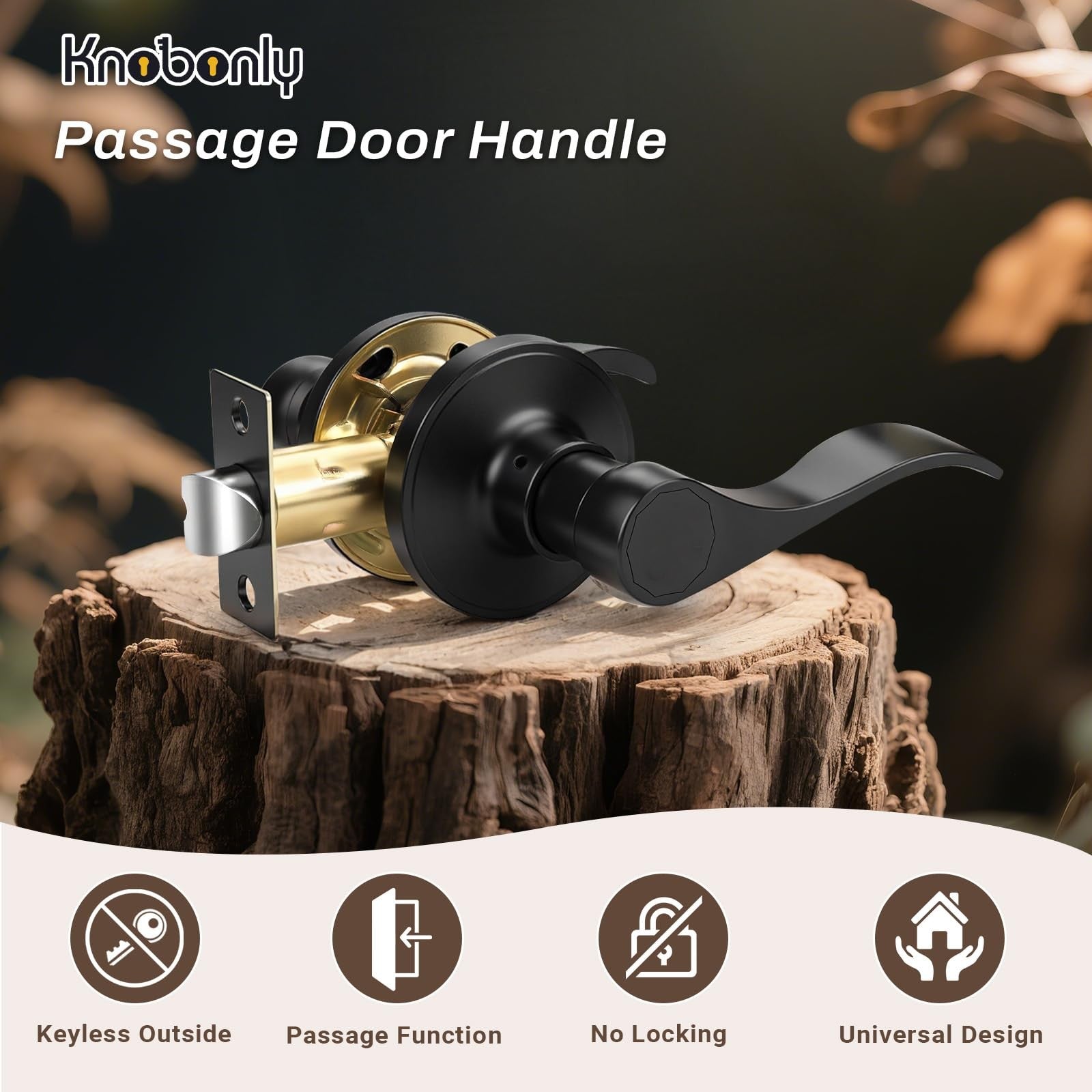 Knobonly 3-pack matte black passage door levers for interior doors, featuring sleek modern handles for Hallywa doors.