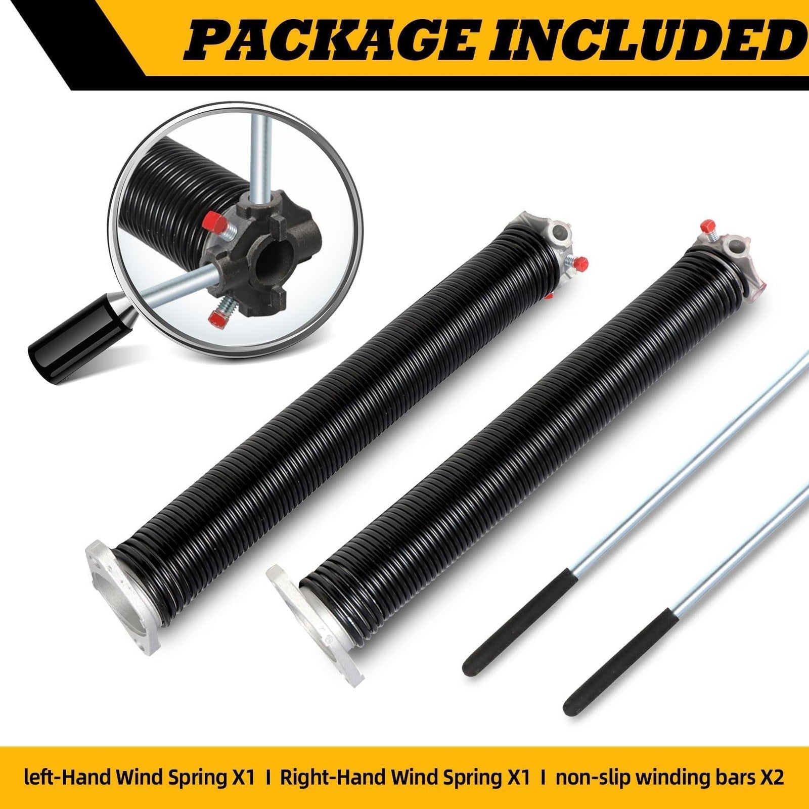 Pair of Jecoupoon 2-inch garage door torsion springs with non-slip winding bars, shown with wound springs and winding bars in the image.