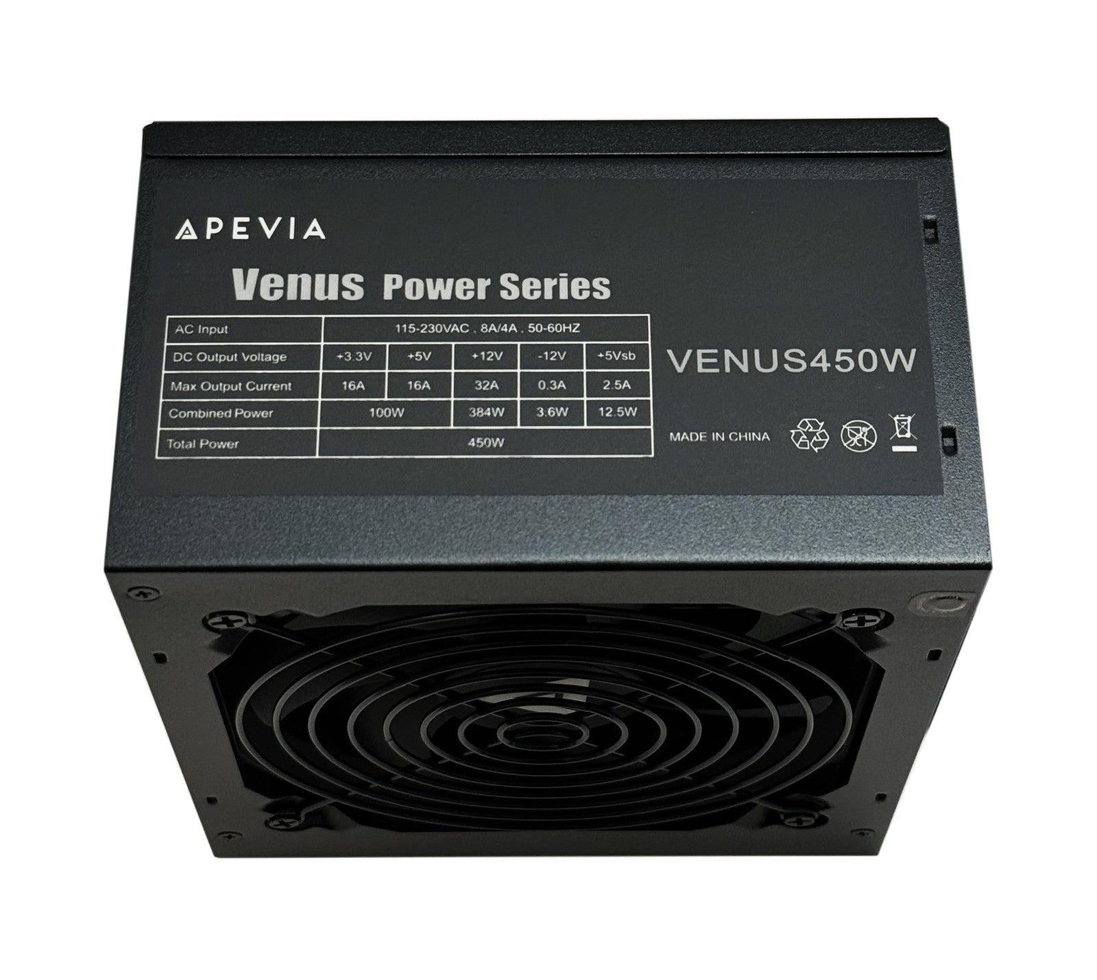 Apevia Venus450W ATX power supply with auto-thermally controlled 120mm fan, black metal casing, and modular cables.