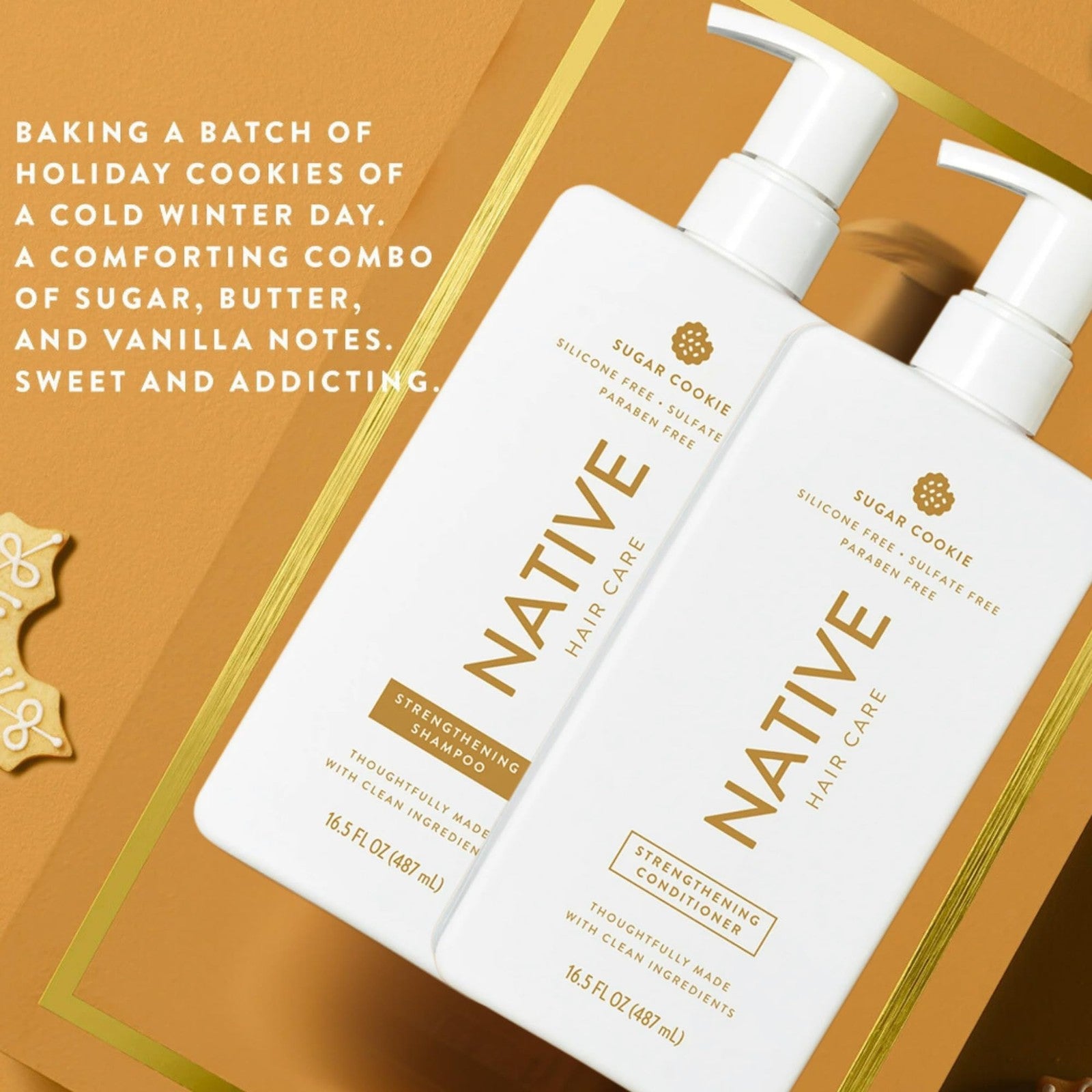 Native limited edition Sugar Cookie shampoo and conditioner set with white bottles and colorful labels on a white background.
