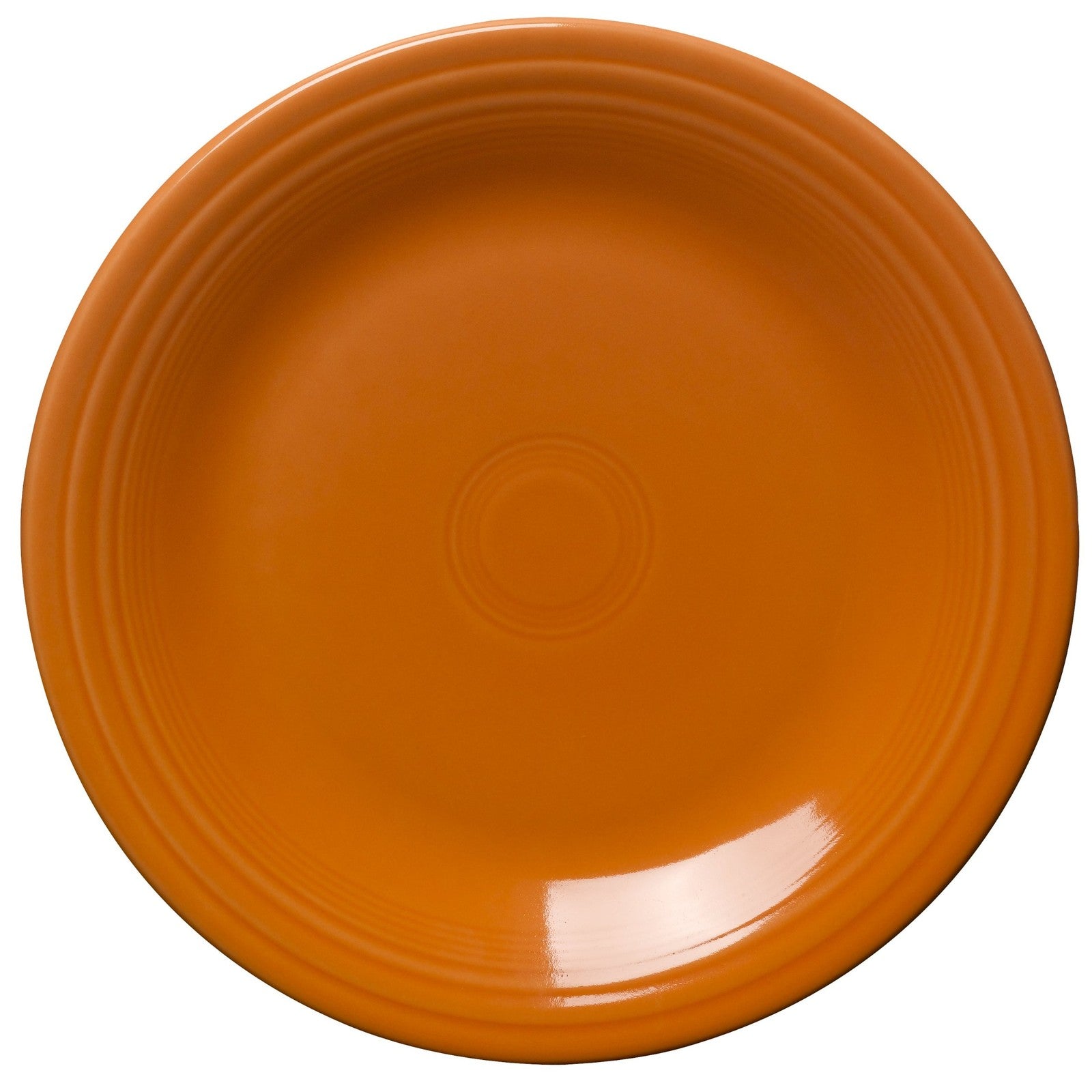 Homer Laughlin Fiesta 10.5-inch tangerine dinner plate with vibrant orange color and smooth glazed surface.