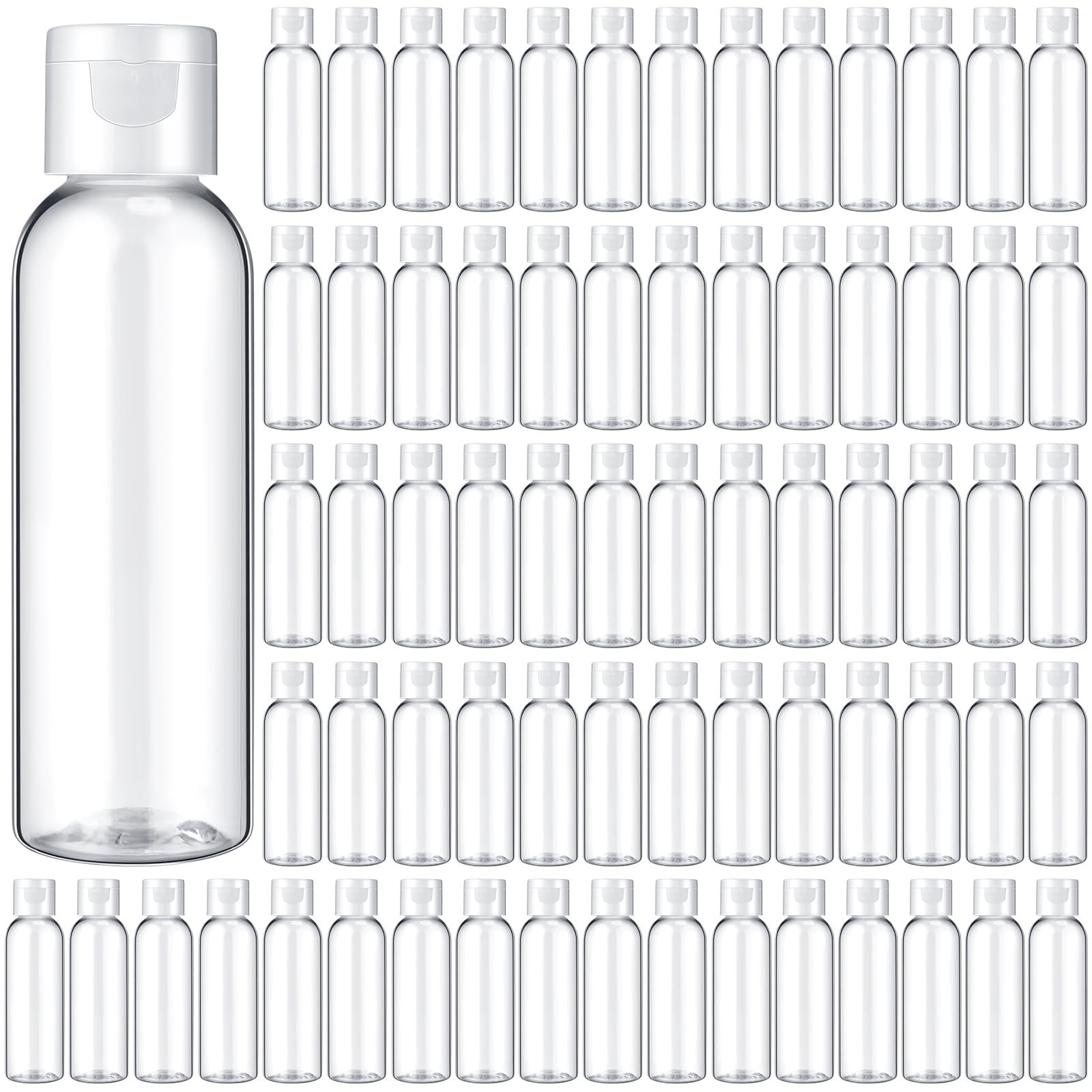 Zhehao 200-pack of 2oz clear plastic travel bottles with flip caps for liquids, suitable for toiletries and travel use.
