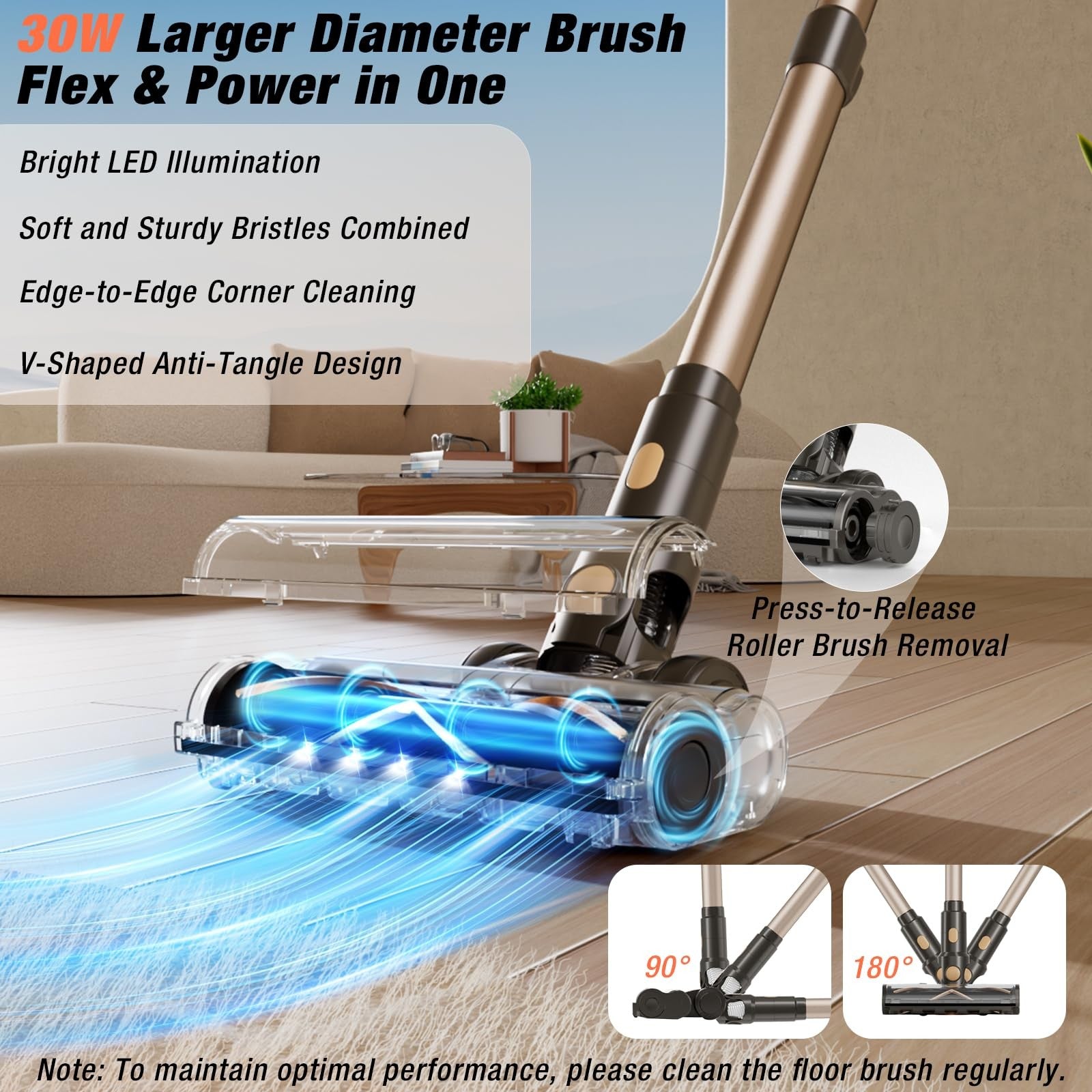 VBUOO cordless vacuum cleaner with 580W motor, 48KPA suction, self-standing design, and 70-minute runtime for home cleaning.