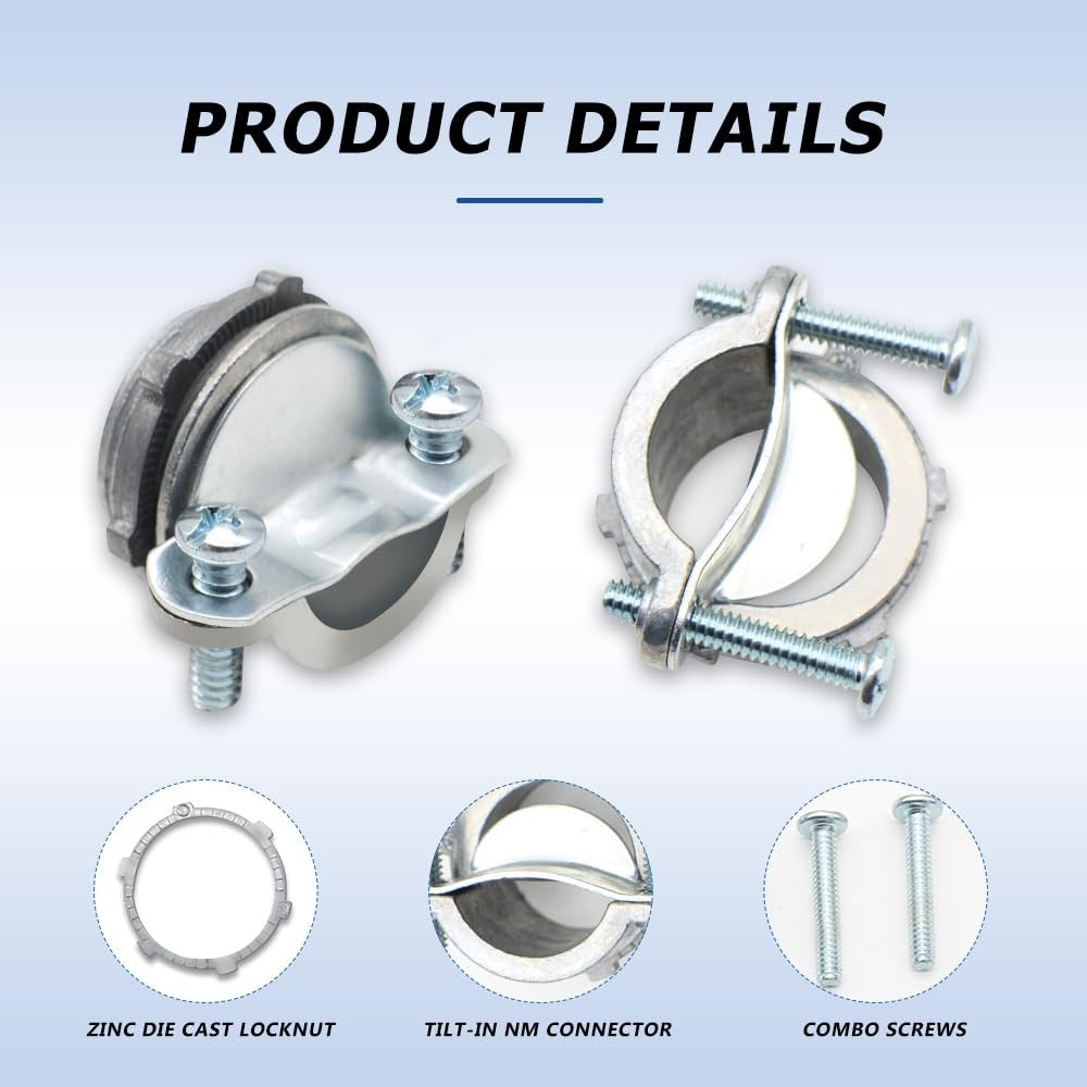 MAKERELE 32-piece cable connector kit with clamp type zinc connectors in various sizes including 1/2, 3/8, 3/4, and 1 inch