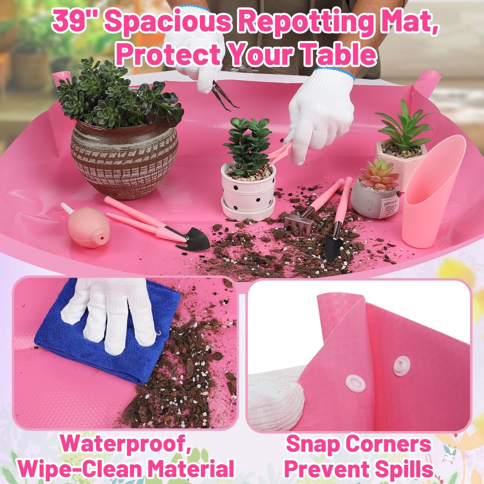 ANPHSIN 44-piece pink gardening tools set with trowels, pruners, and transplanters for succulents and bonsai plant care.