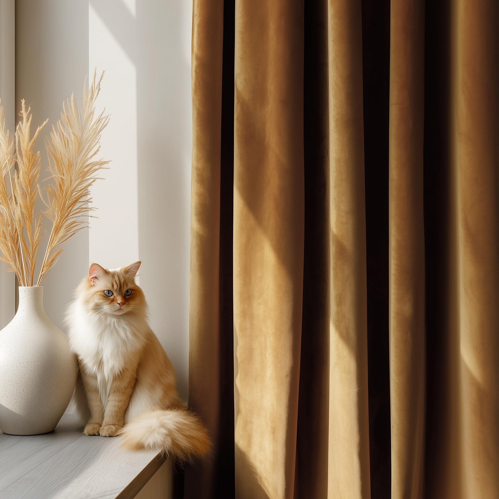 FMFUNCTEX velvet blackout curtains in gold brown with thermal insulation, designed for bedroom privacy and light control.