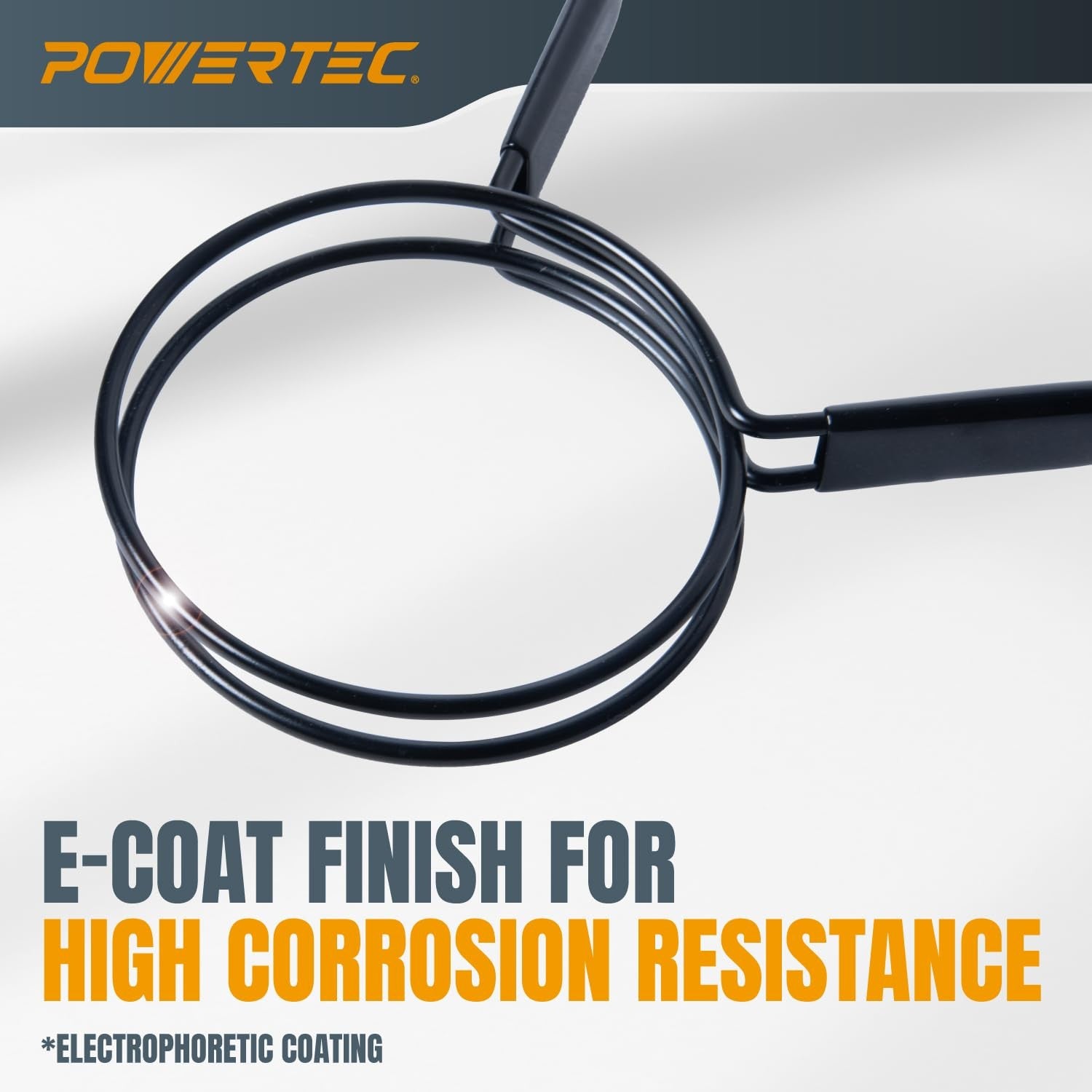 POWERTEC 4-inch double loop hose clamps for collection hoses and dryer vents, made of durable metal with screw tightening mechanism.