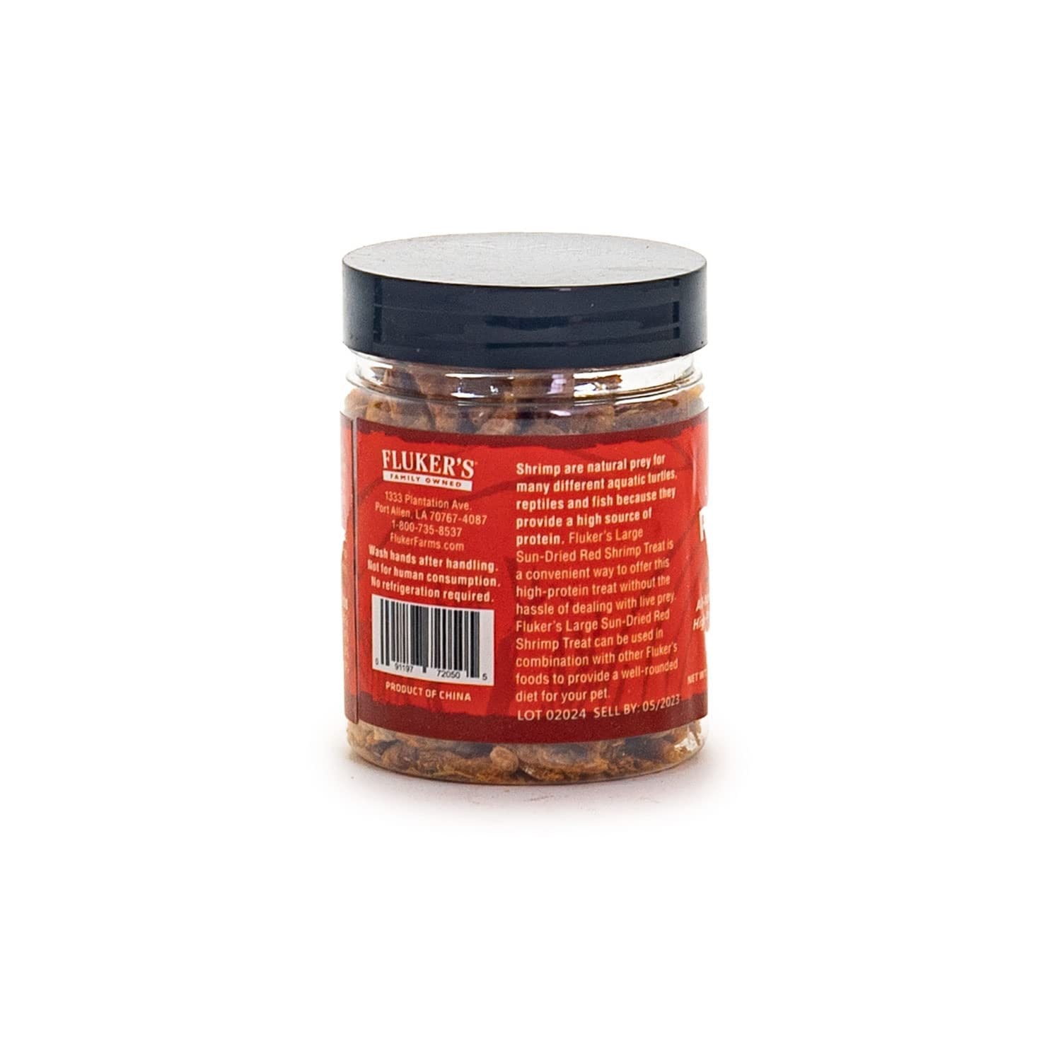 Fluker's all-natural large sun-dried red shrimp turtle food treat, high protein, shown in a clear image with shrimp close-up detail.
