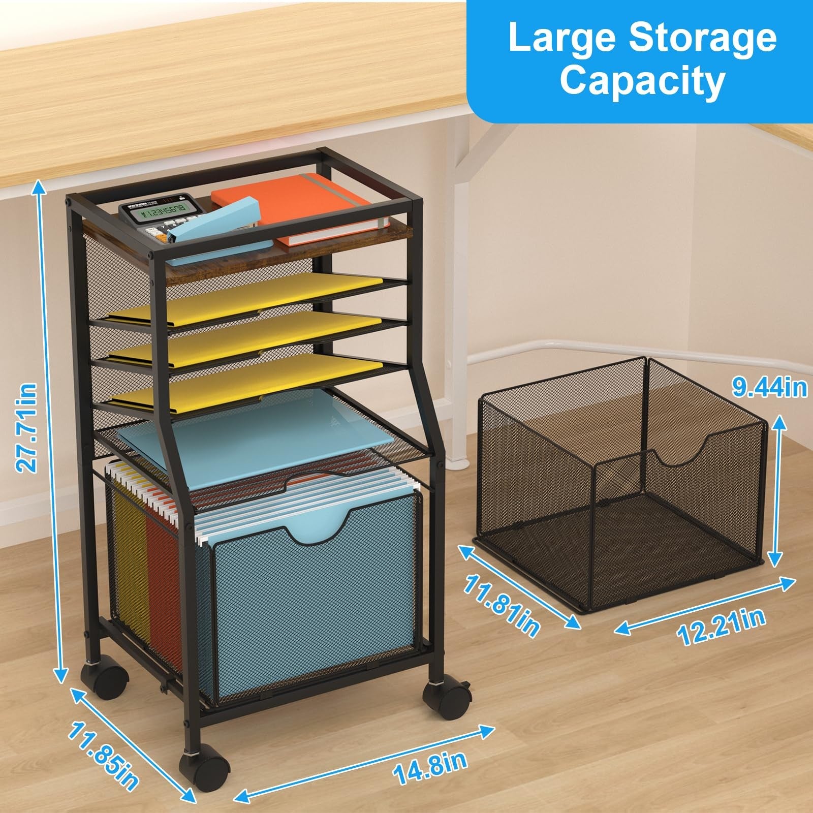 BOHDK 6-tier rolling file cart with lockable wheels, brown wood desk organizer showing multiple shelves and storage compartments
