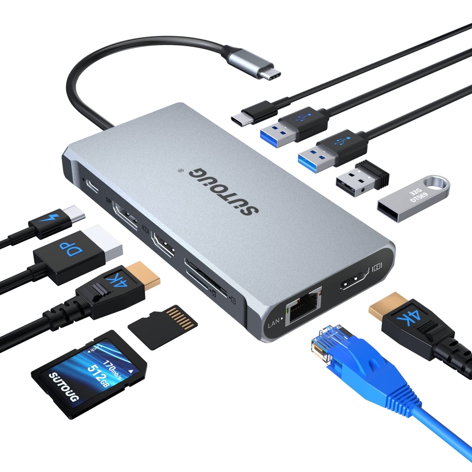 SUTOUG 12-in-1 USB C Hub Docking Station with triple display ports for MacBook Pro and Windows laptops, showing multiple connection options.