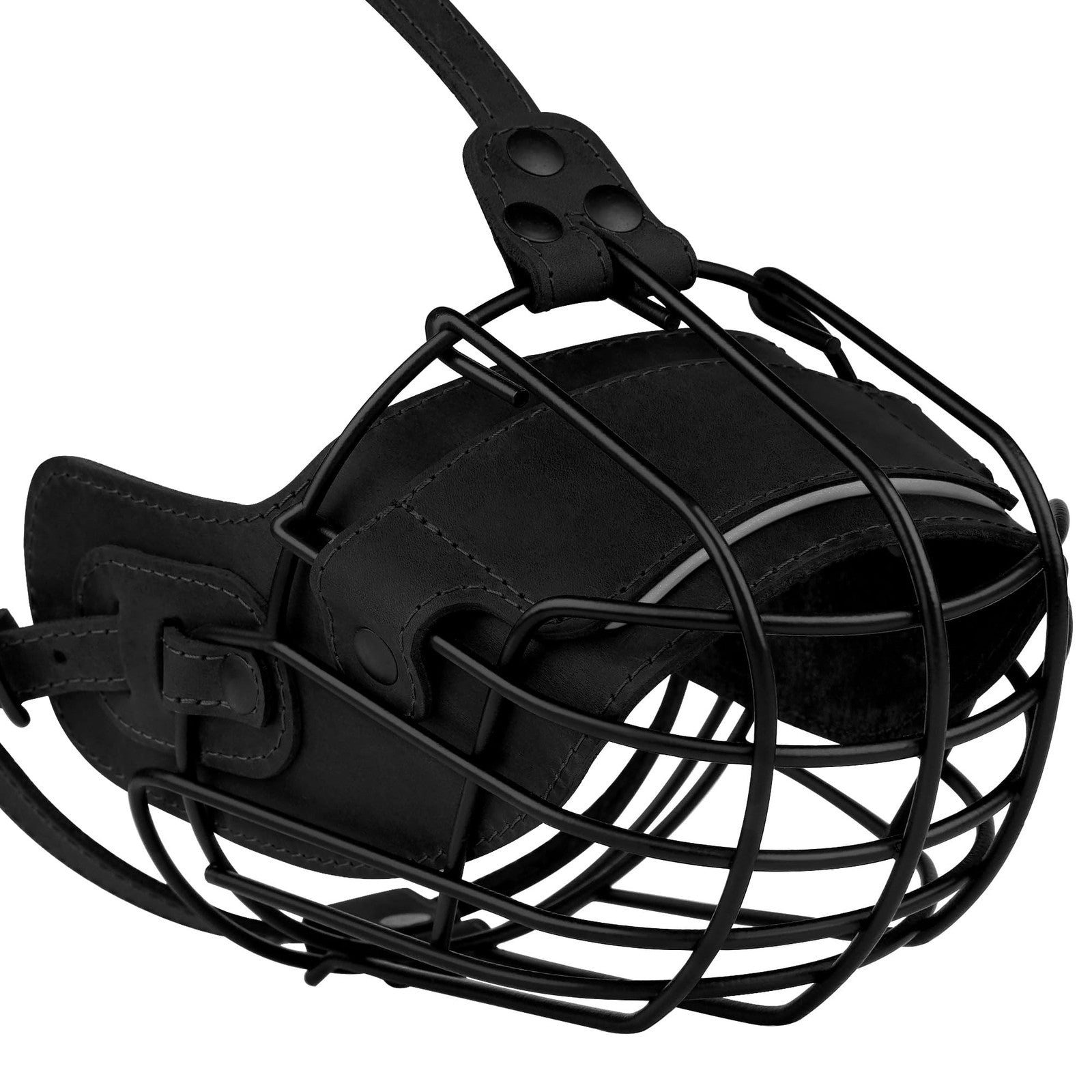 OOPSDOGGY metal Pitbull dog muzzle with reflective leather strap and secure wire basket for safety and control.