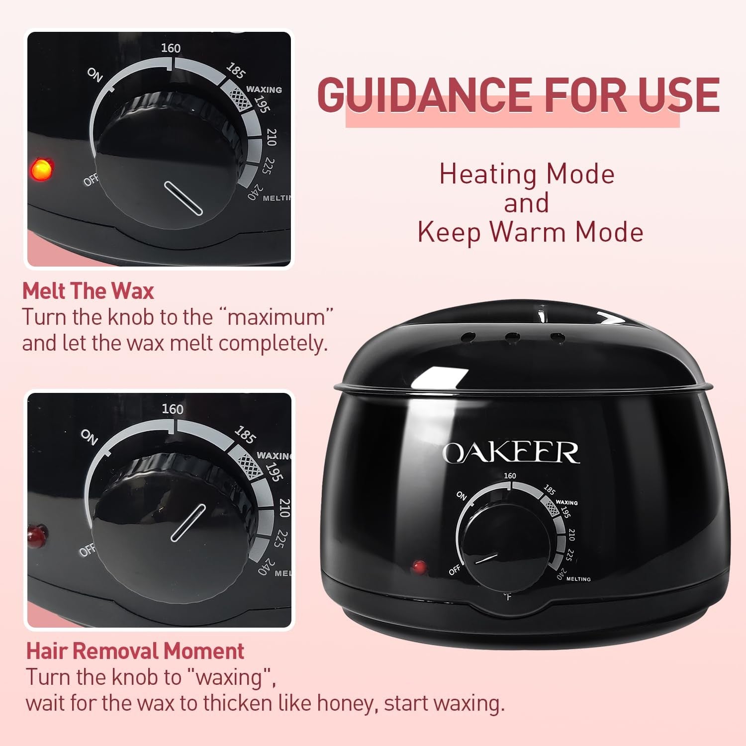 Oakeer waxing kit with wax pot machine and warmer, suitable for hair removal on women and men, shown with wax container.