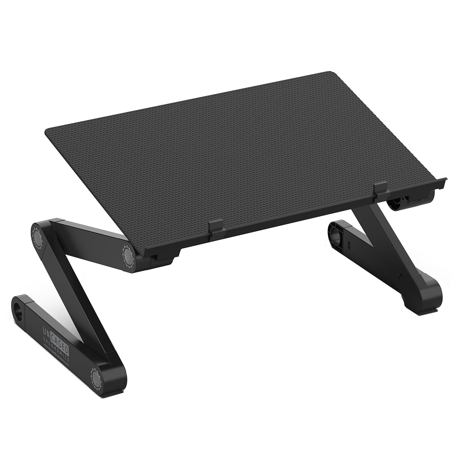 Uncaged Ergonomics WorkEZ adjustable laptop stand with ergonomic design and adjustable height for desk use.
