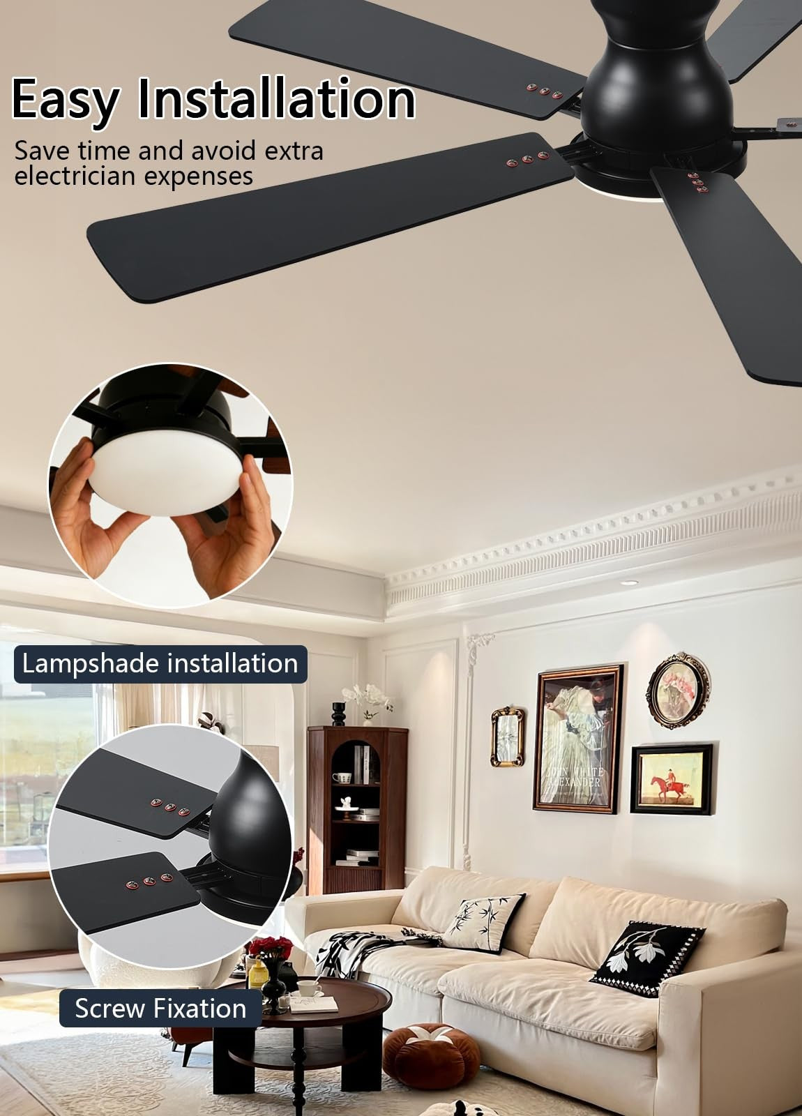 JSAITEE 52-inch ceiling fan with integrated light, remote control, and app connectivity, featuring sleek profile design and modern style.