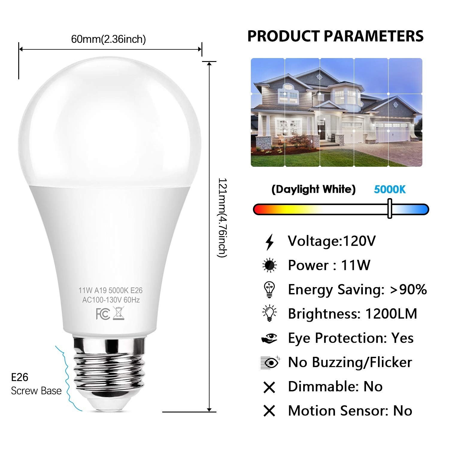 6-pack of Brightever dusk-to-dawn LED A19 light bulbs, 11W, E26 base, 100W equivalent, energy-efficient outdoor lighting