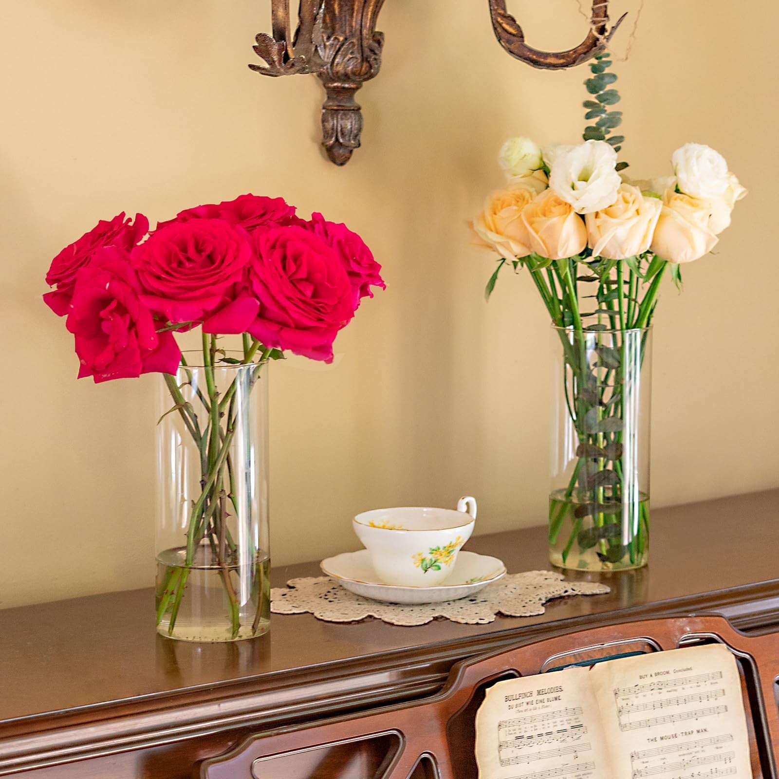 Set of seven 8-inch tall glass cylinder vases by DYMFADFB, ideal for centerpieces and floral arrangements.