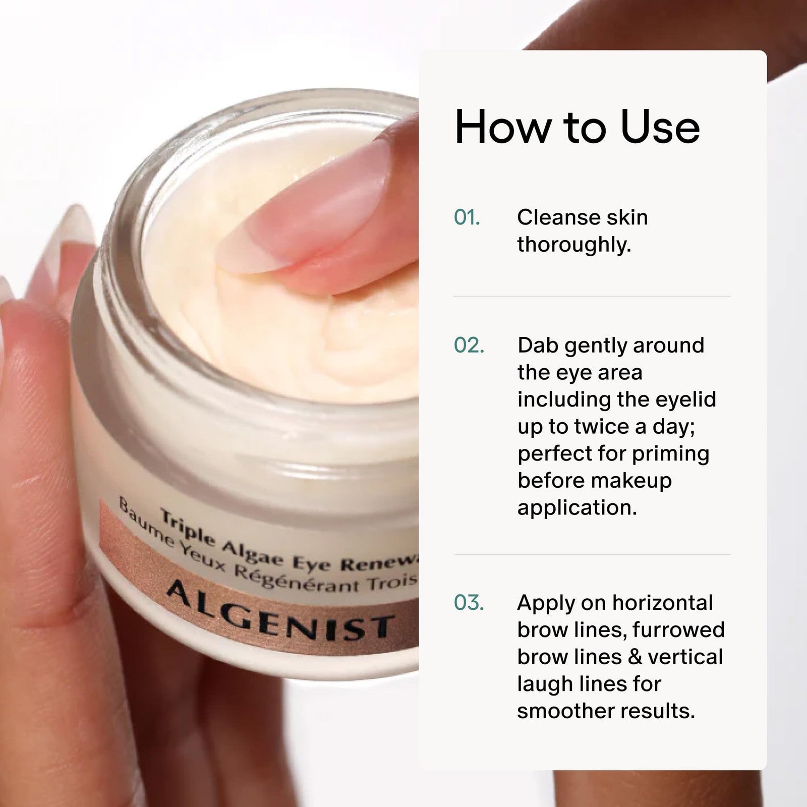 Algenist Triple Algae Eye Renewal Balm in a sleek jar, showing the hydrating vegan eye cream with caffeine and peptide ingredients.