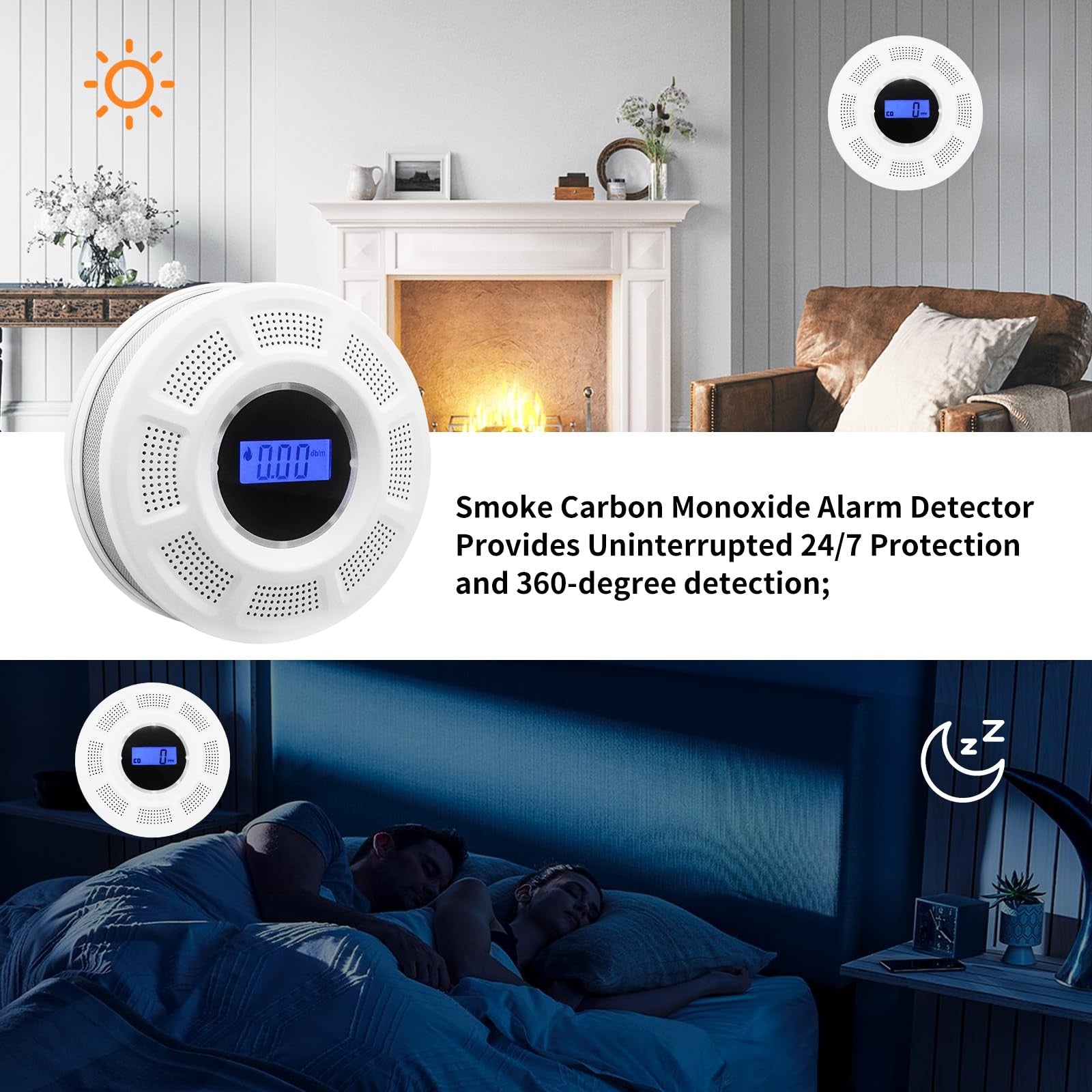 GiiHoo 2-in-1 smoke and carbon monoxide detector with digital display, photoelectric sensor, mounted on wall for safety monitoring