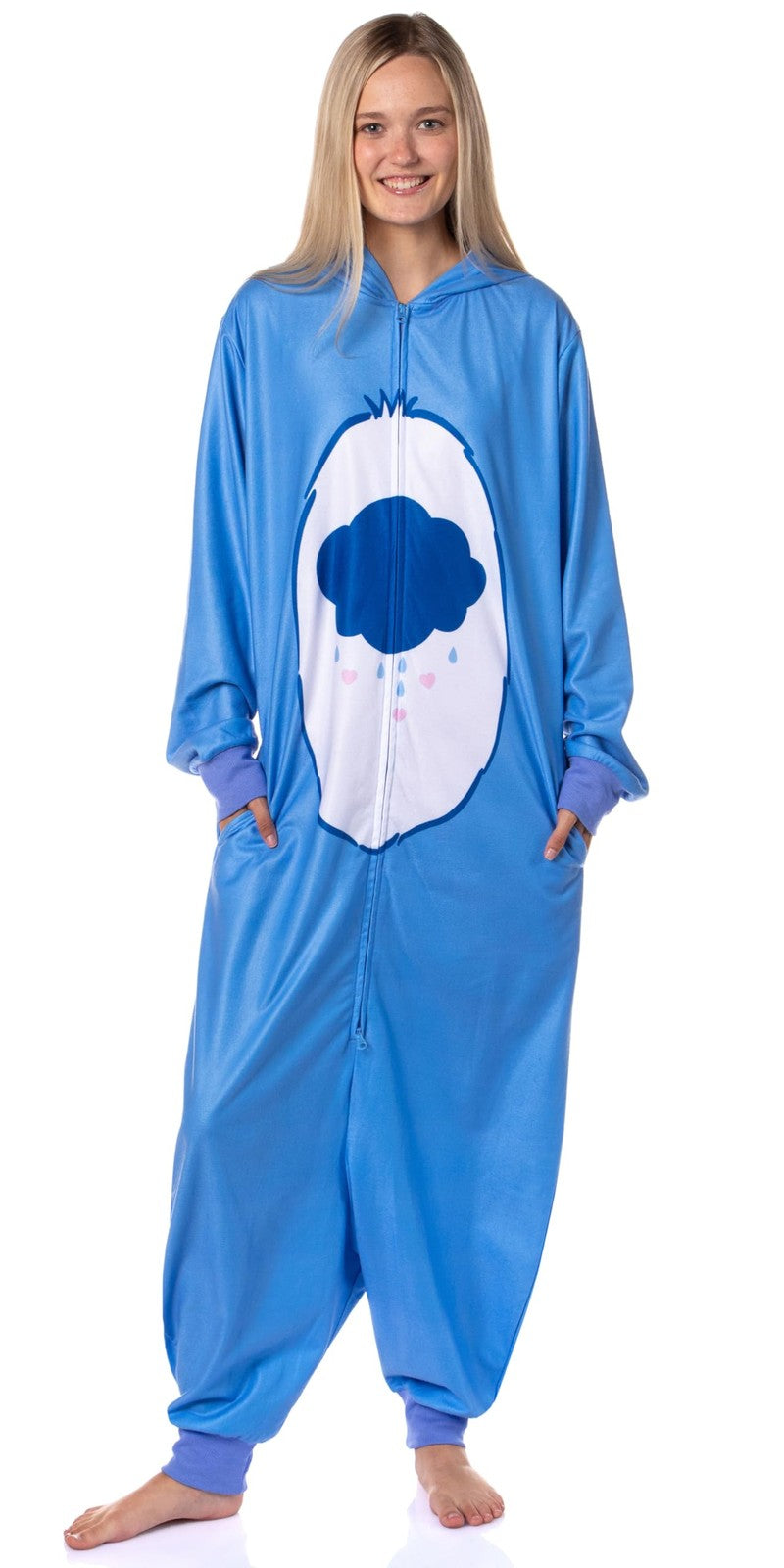 Mad Engine Care Bears hooded union suit footless one-piece pajama costume displayed on a person with a Care Bears theme.