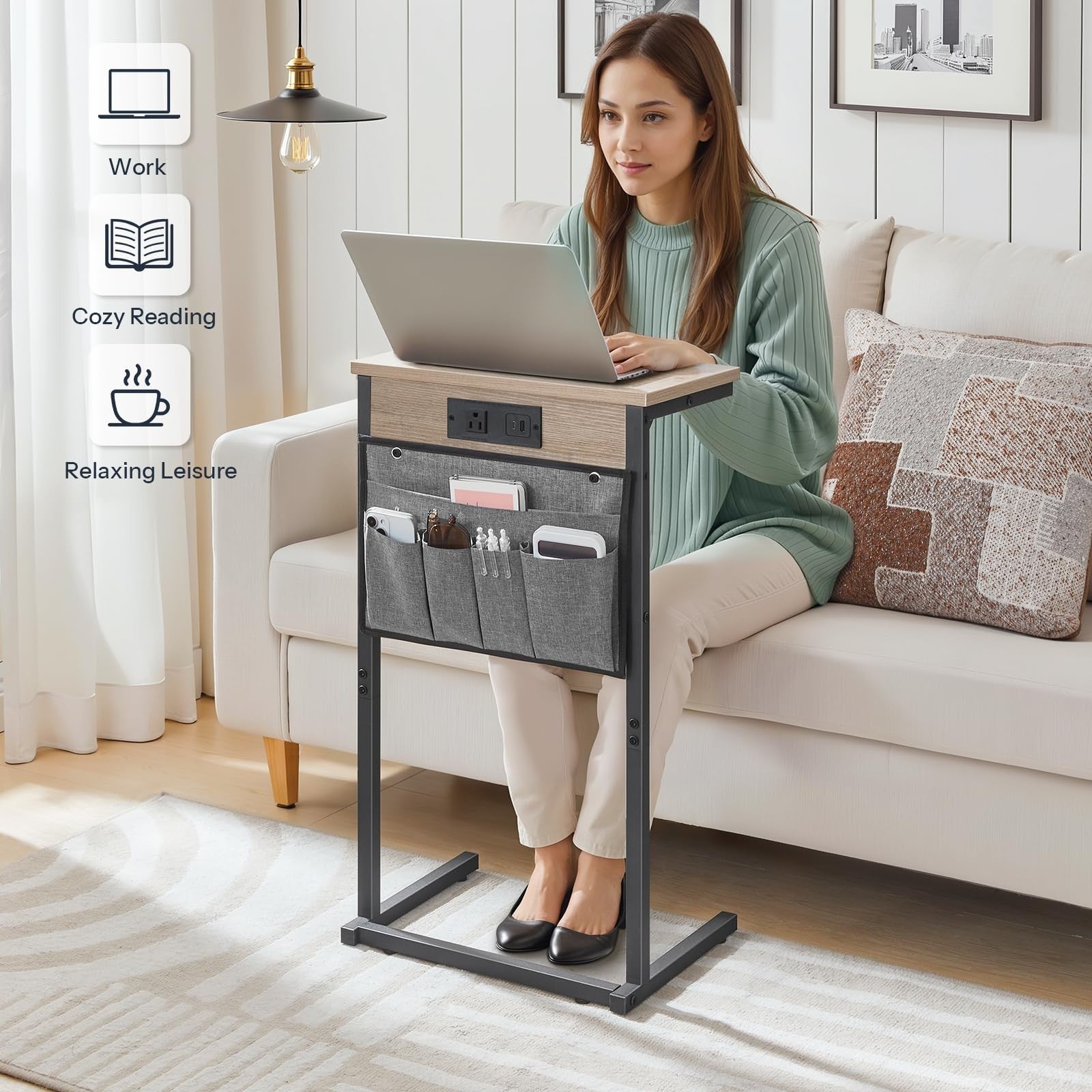HOOBRO C-shaped end table with charging station, 28-inch tall couch table for living room use, featuring a sleek modern design.
