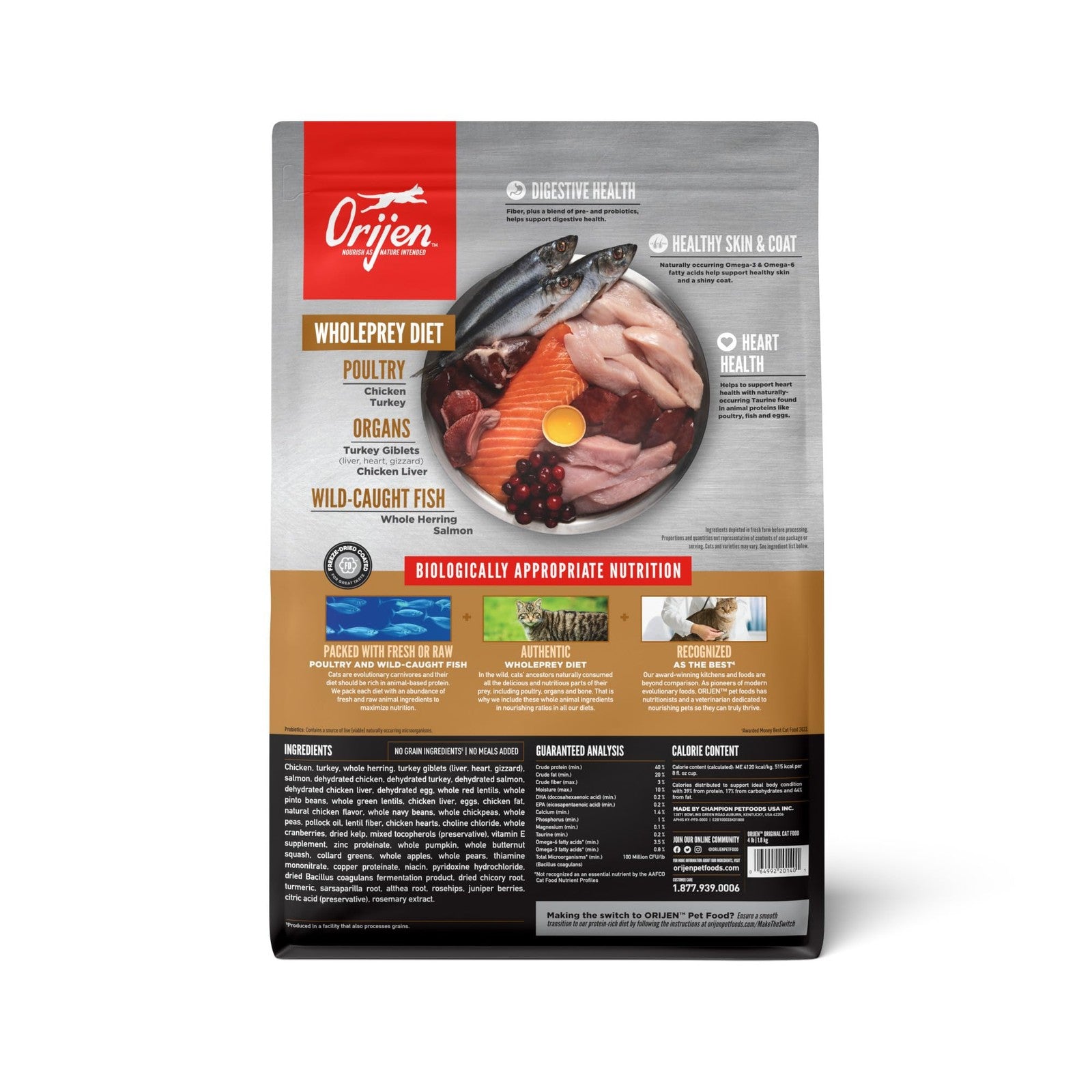 ORIJEN Grain Free High Protein Dry Cat Food in a 4lb bag, featuring the original recipe with natural ingredients and premium quality.