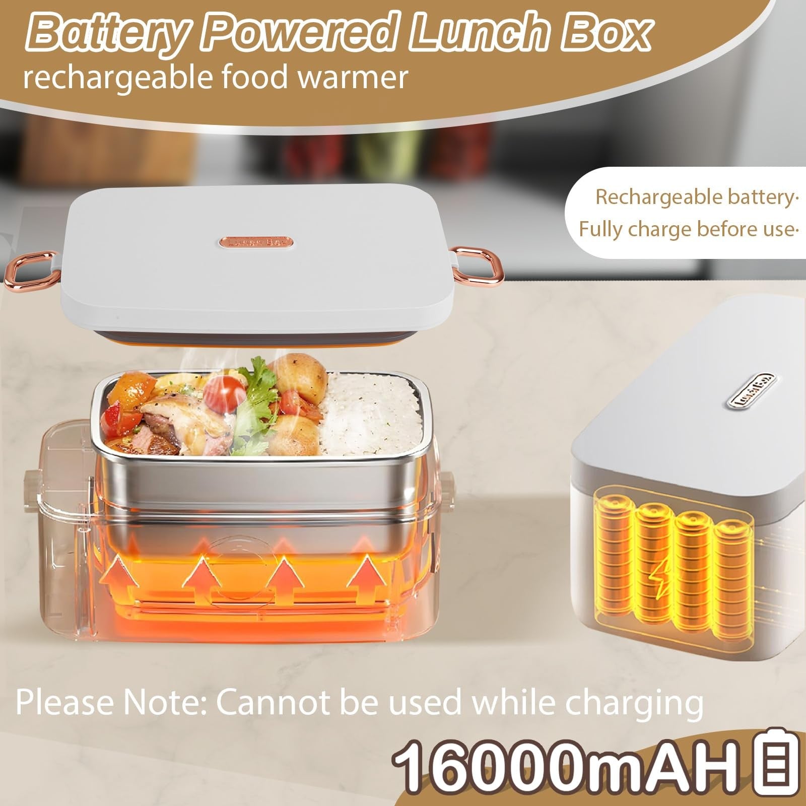 Iridesc self-heating lunch box with 1L capacity, battery-powered automatic heat feature, stainless steel interior, and carry handle.