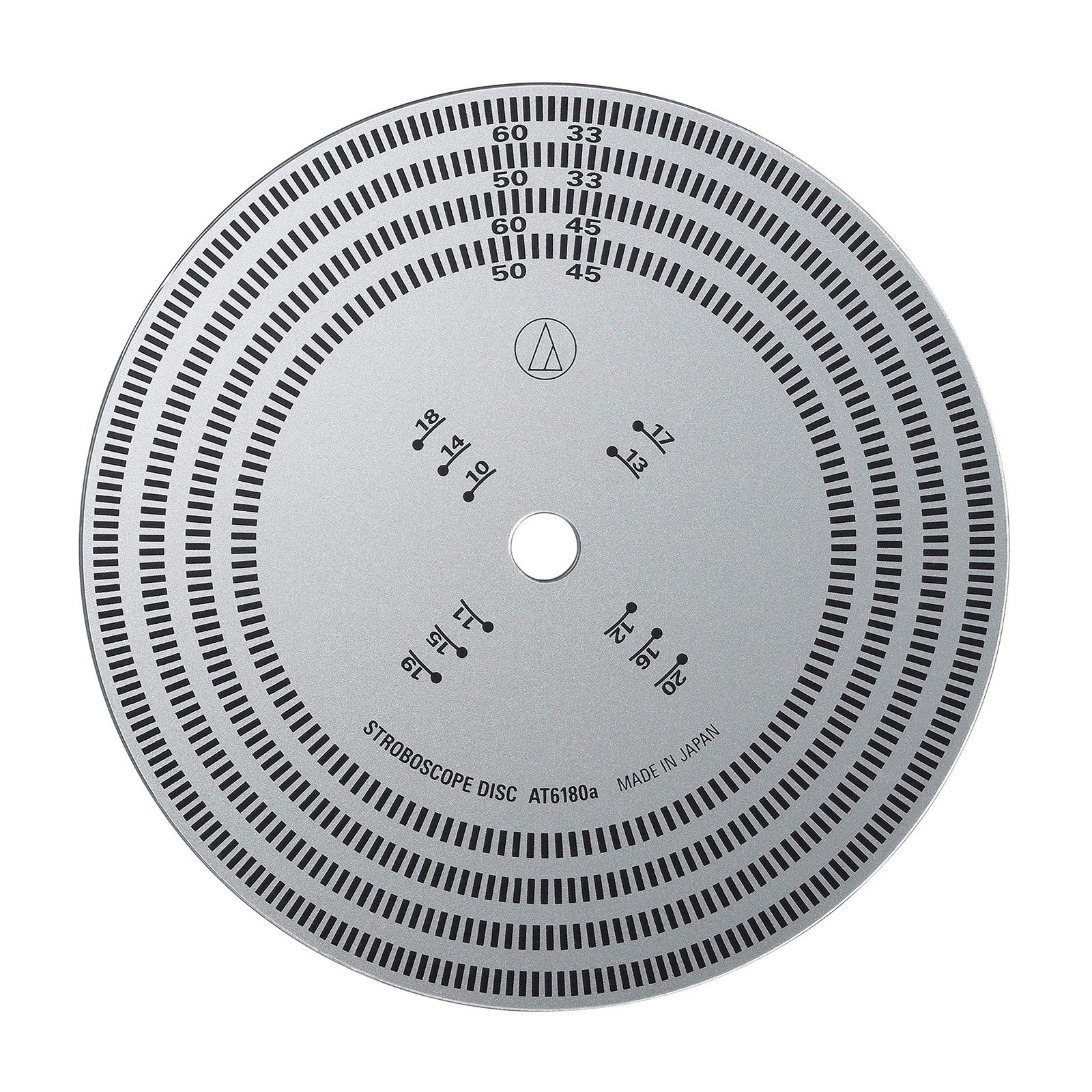 Audio-Technica AT6180a stroboscope disc with black and white pattern for precise motor speed measurement.