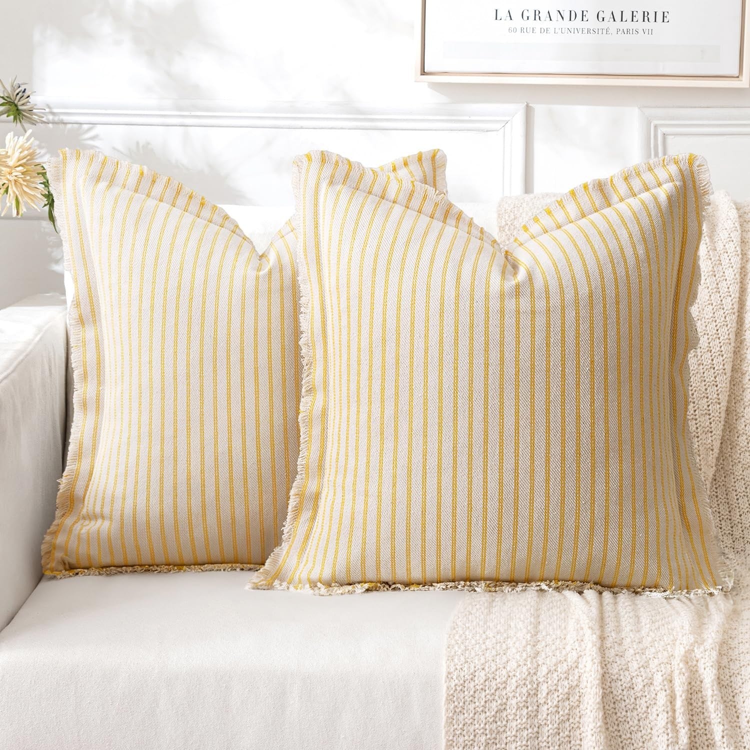 MIULEE yellow striped pillow covers, 24x24 inch, set of 2, farmhouse style cushions for sofa or couch decor