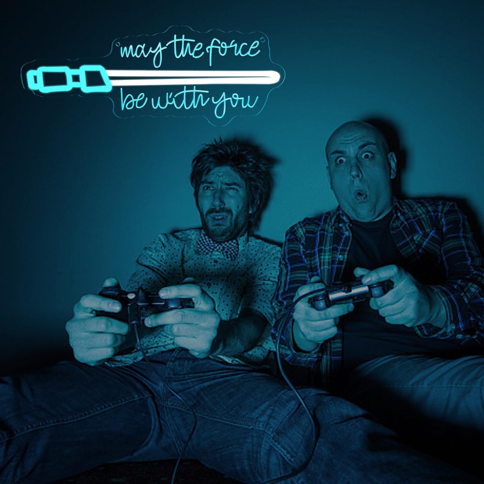 Pinlangdou blue neon lightsaber sign with "May The Force Be With You" text, ideal for Star Wars-themed decor.