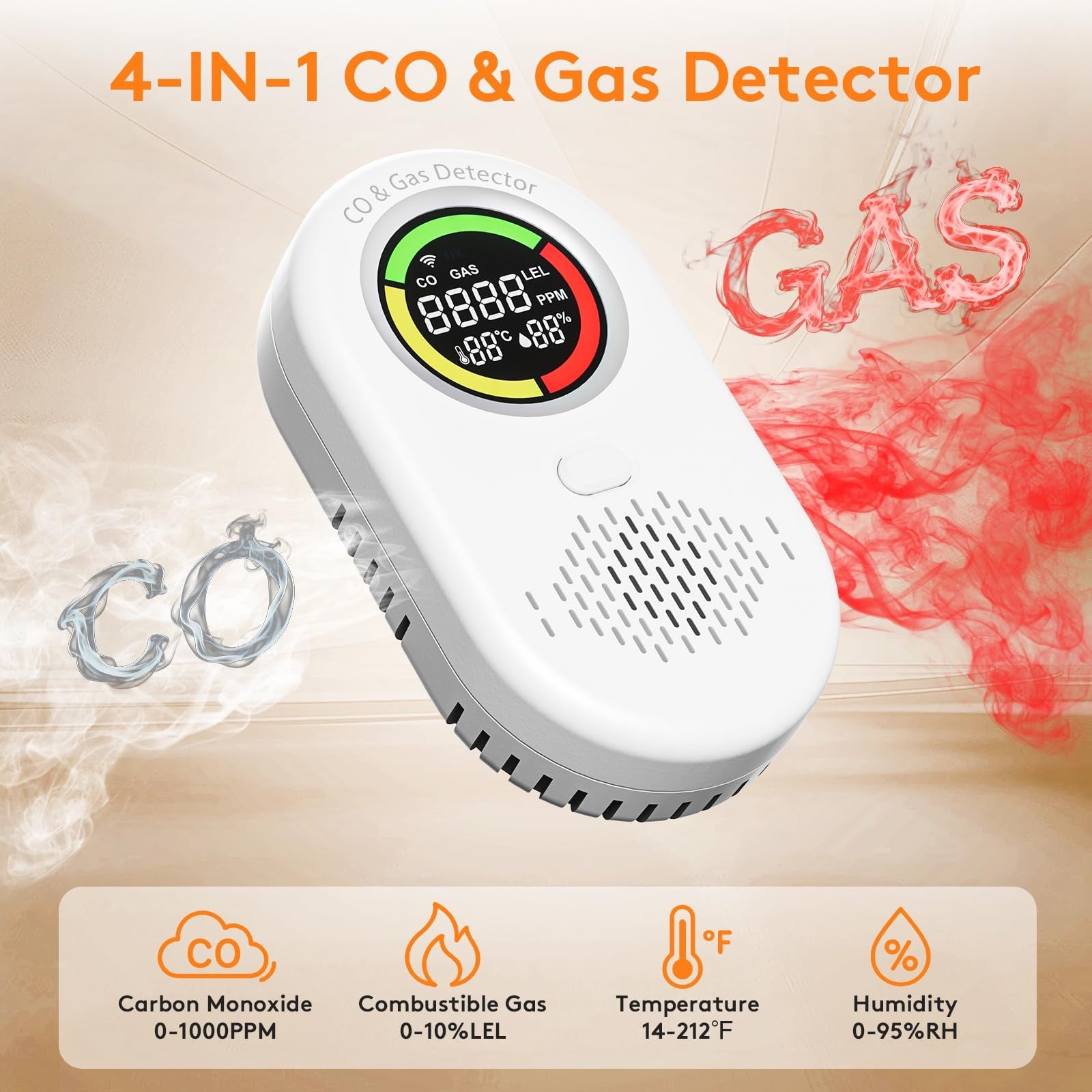 Zealme 4-in-1 carbon monoxide and natural gas leak detector with digital display and sensor indicators