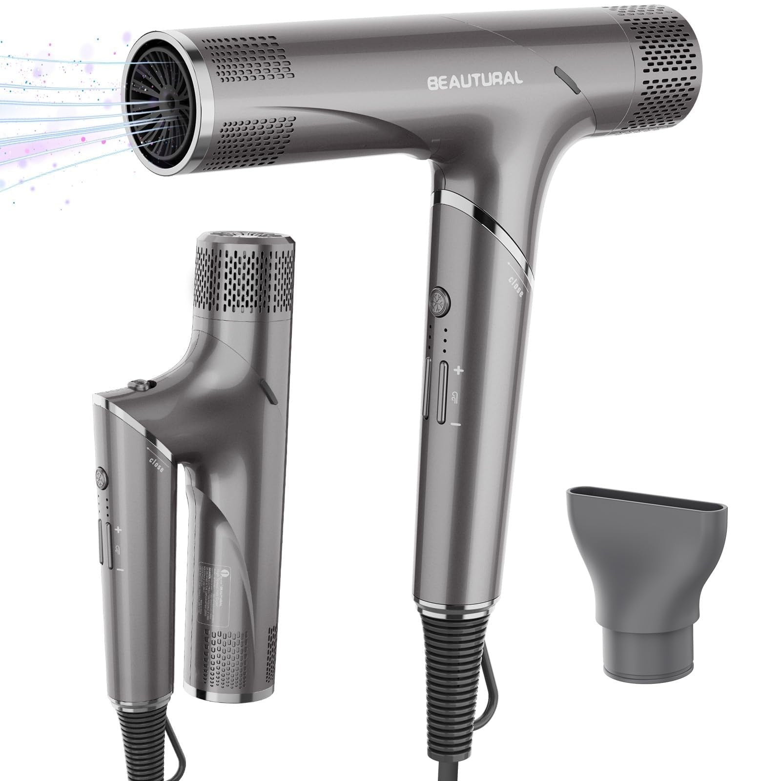 BEAUTURAL 1600W high-speed foldable travel hair dryer with brushless motor and compact design, ready for easy packing and styling.