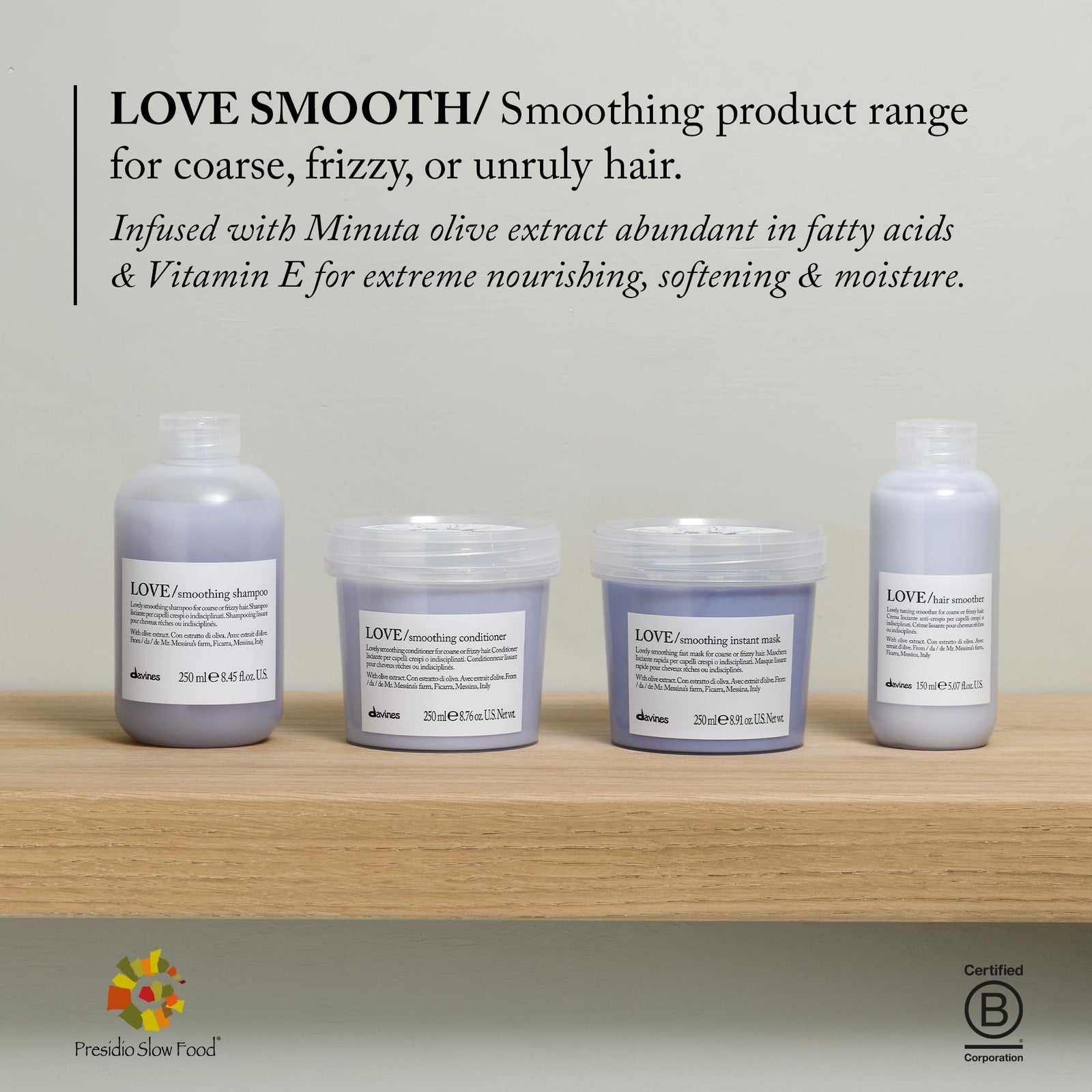 Davines LOVE Hair Smoother Leave-On Cream for frizz and unruly wavy hair, 5.07oz, in a sleek tube with product branding.