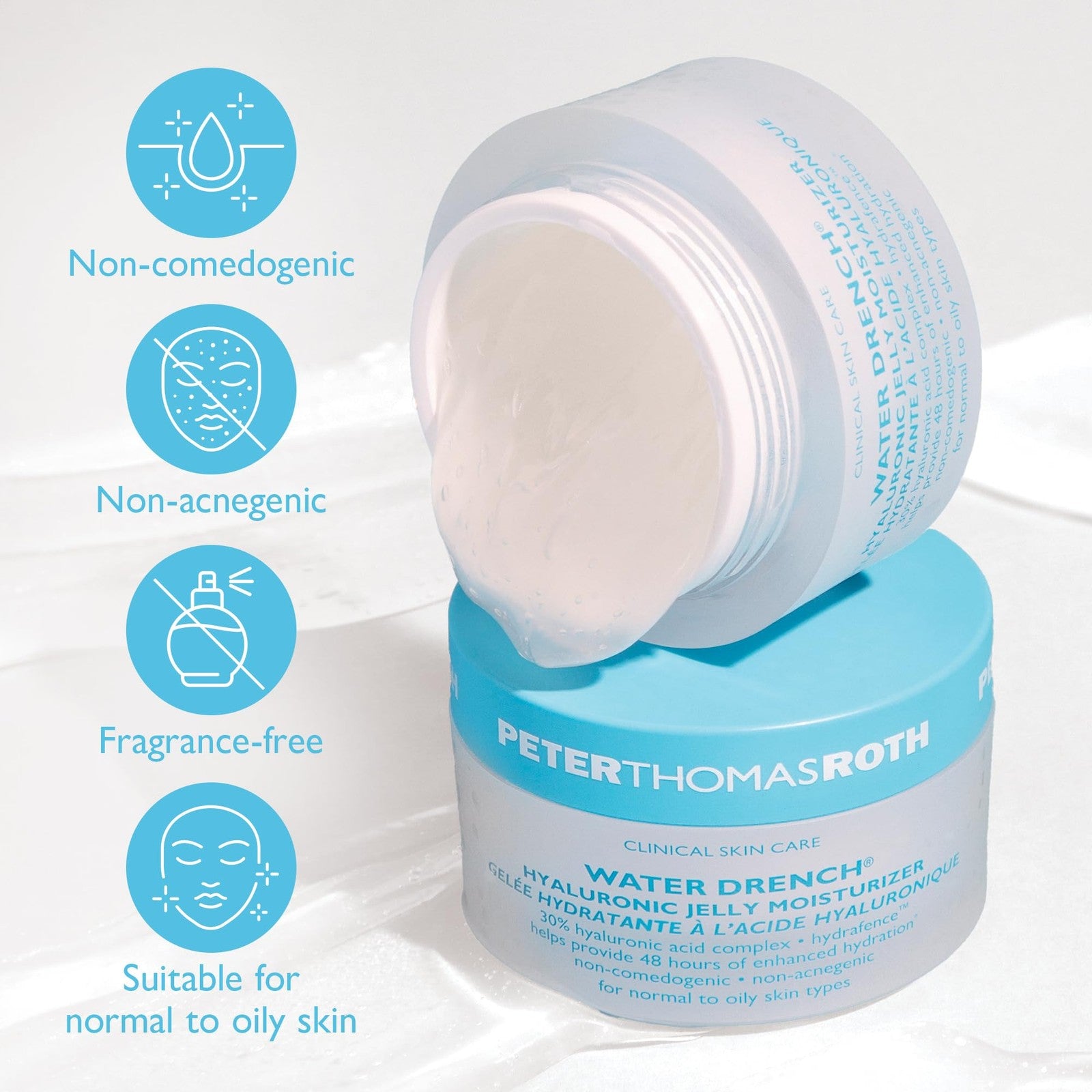 Peter Thomas Roth Water Drench Hyaluronic Jelly Refillable Moisturizer in a clear jar with a silver lid, showcasing the hydrating skincare product.