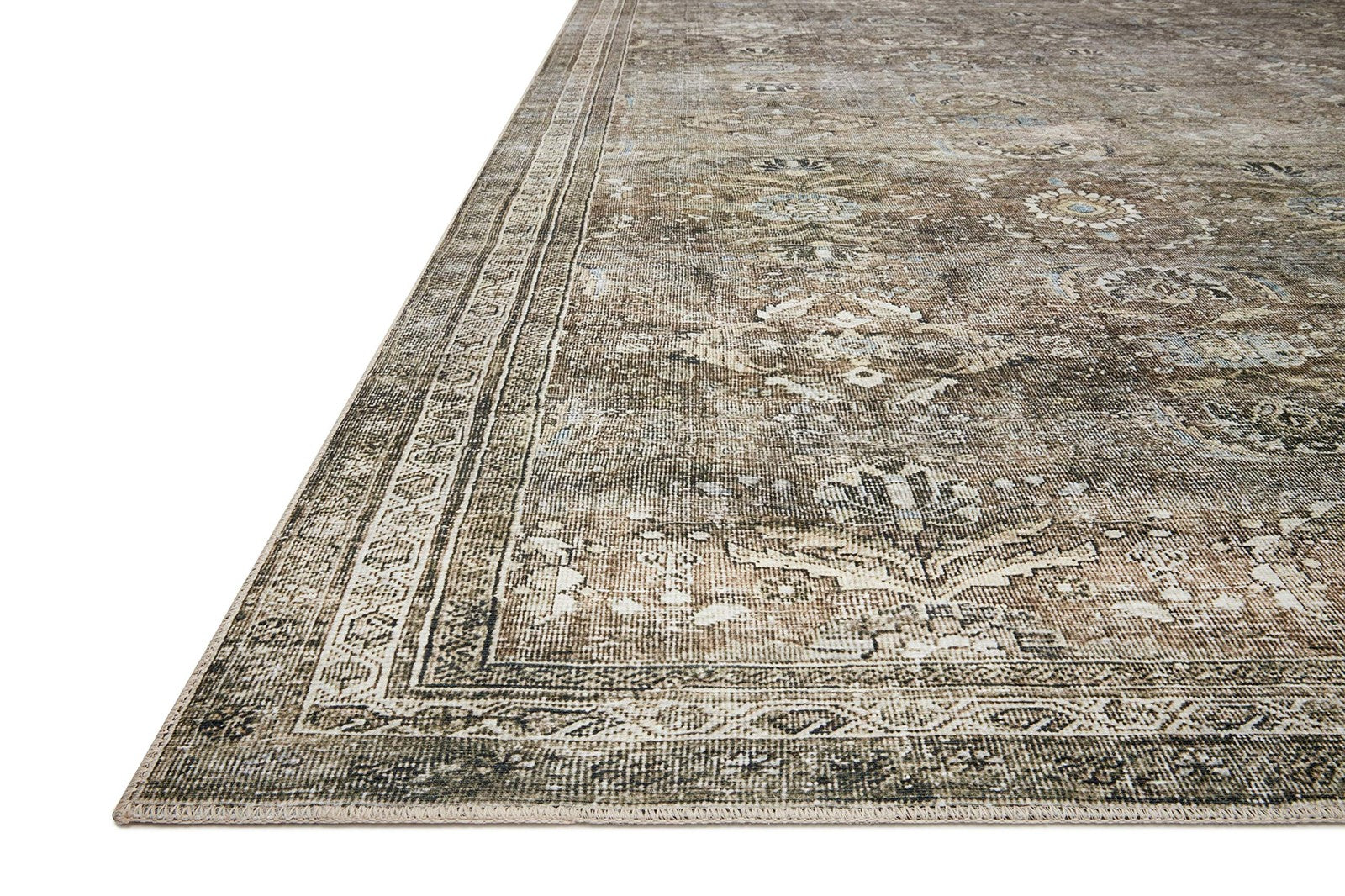 Loloi Layla Collection Lay-13 antique and moss 2x7.6 foot runner rug with soft texture and 0.13 inch thickness, detailed pattern visible.