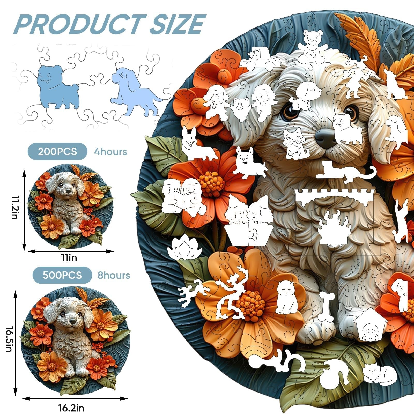 Qiuenisray Valentine's Day wooden puzzle for adults featuring a white dog design, 500-piece jigsaw puzzle laid out on a wooden surface.