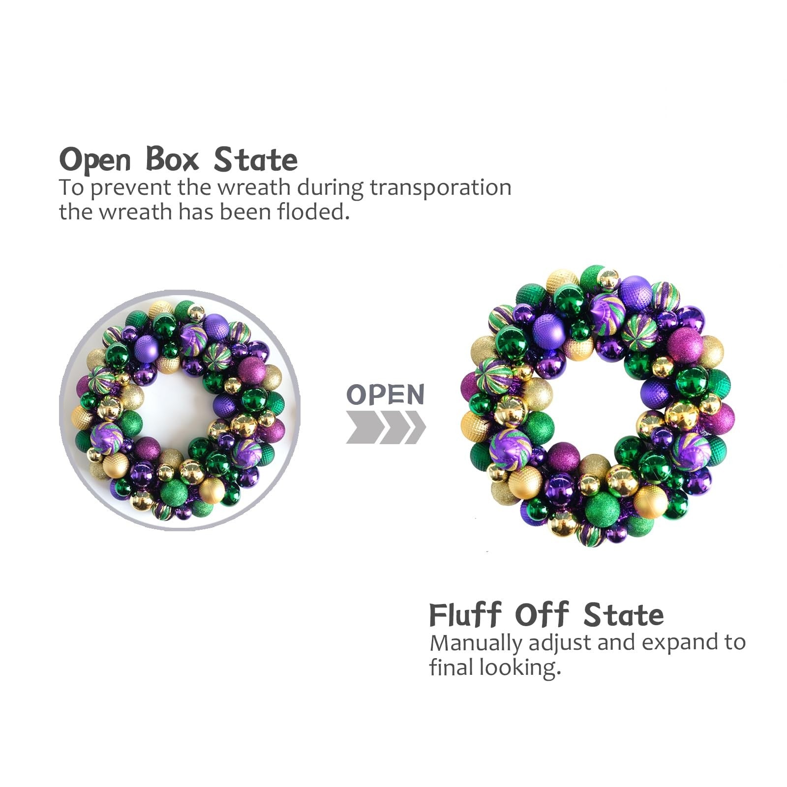 Bibelot Mardi Gras wreath with colorful balls, 18-inch front door decoration, vibrant and festive Mardi Gras-themed design