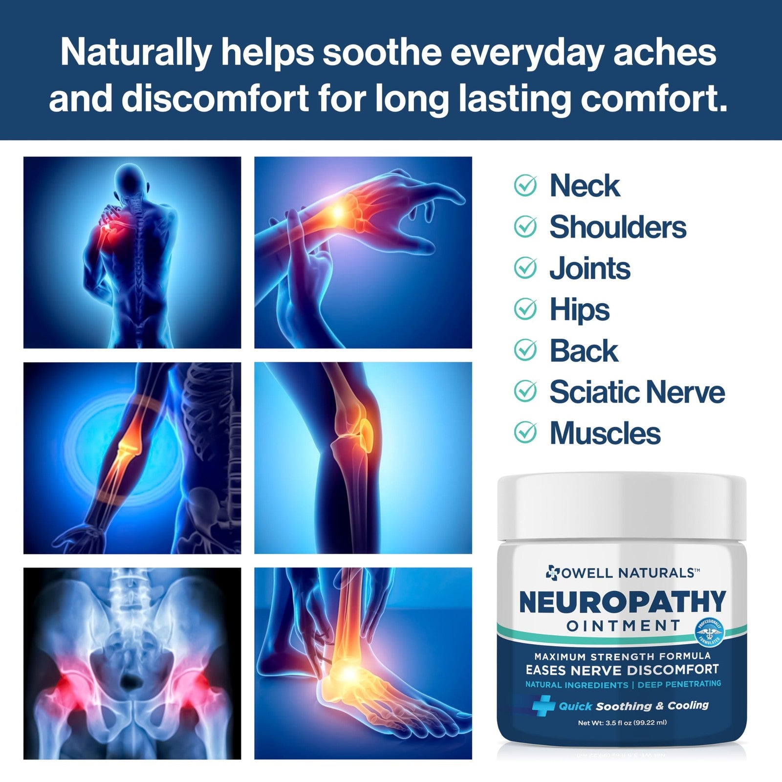 Hand and foot applying Owell Naturals Neuropathy Nerve Relief ointment, showing fingers, toes, and affected areas.
