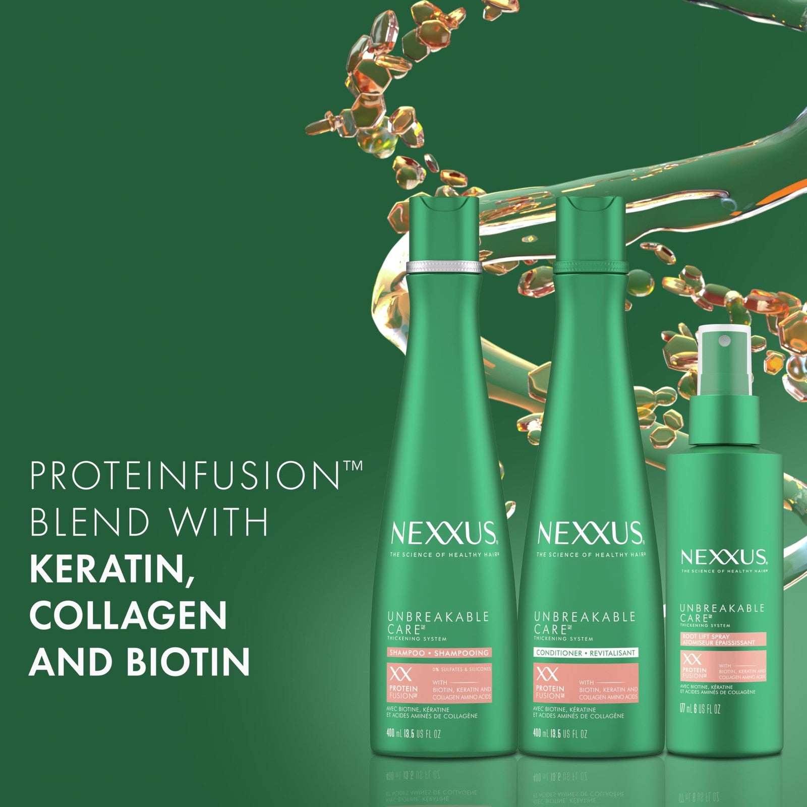 Nexxus Unbreakable Care shampoo, conditioner, and leave-in spray for fine hair, displayed together in a 3-pack.