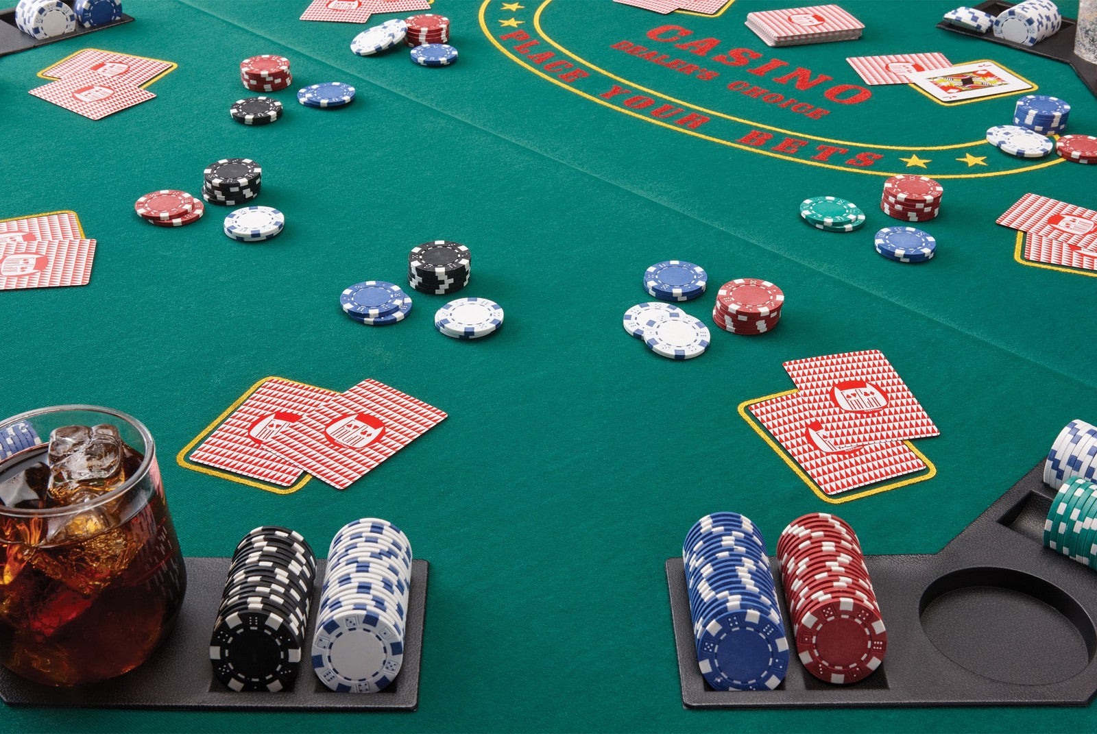 Fat Cat folding poker table for 8 players with carrying case, chip tray, and drink holders, designed for easy setup and transport.