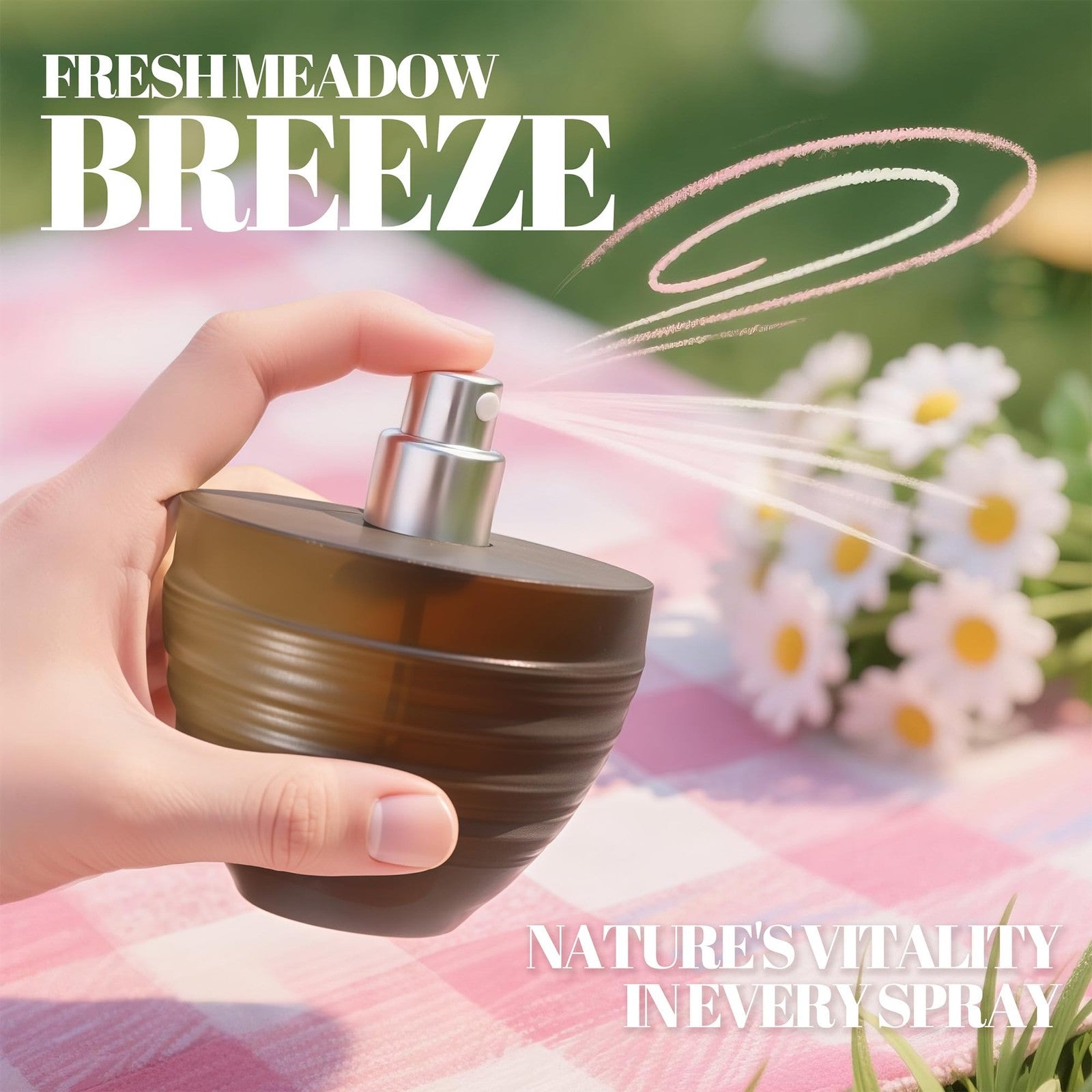 A CENTER I Love Strawberry floral perfume for women in a clear glass spray bottle with a pink cap.