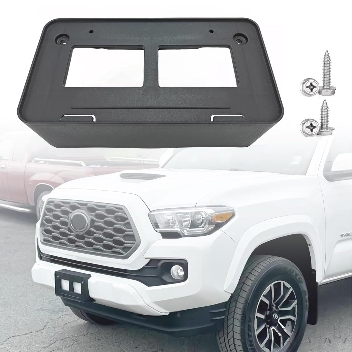 Wocch front license plate frame for Toyota Tacoma 2016-2022, black metal with mounting holes, designed for a secure fit.