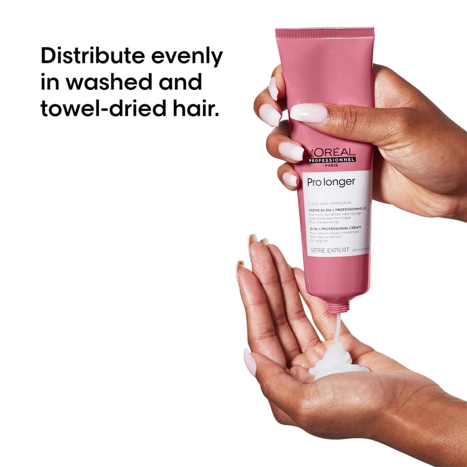 L'Oréal Professionnel Paris Pro Longer Heat Protectant Cream for Thinned Hair, creamy texture in a white and gold tube.