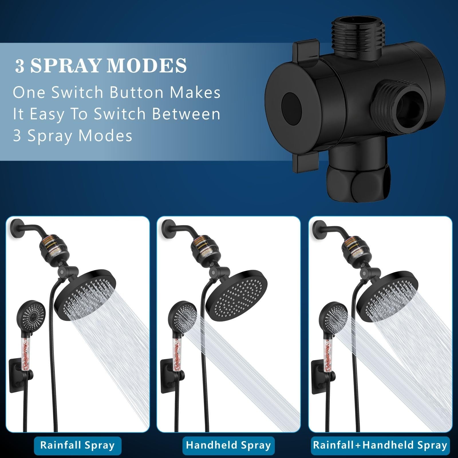 Voolan filtered shower head set with high-pressure rain and handheld shower, chrome finish, and adjustable spray options.