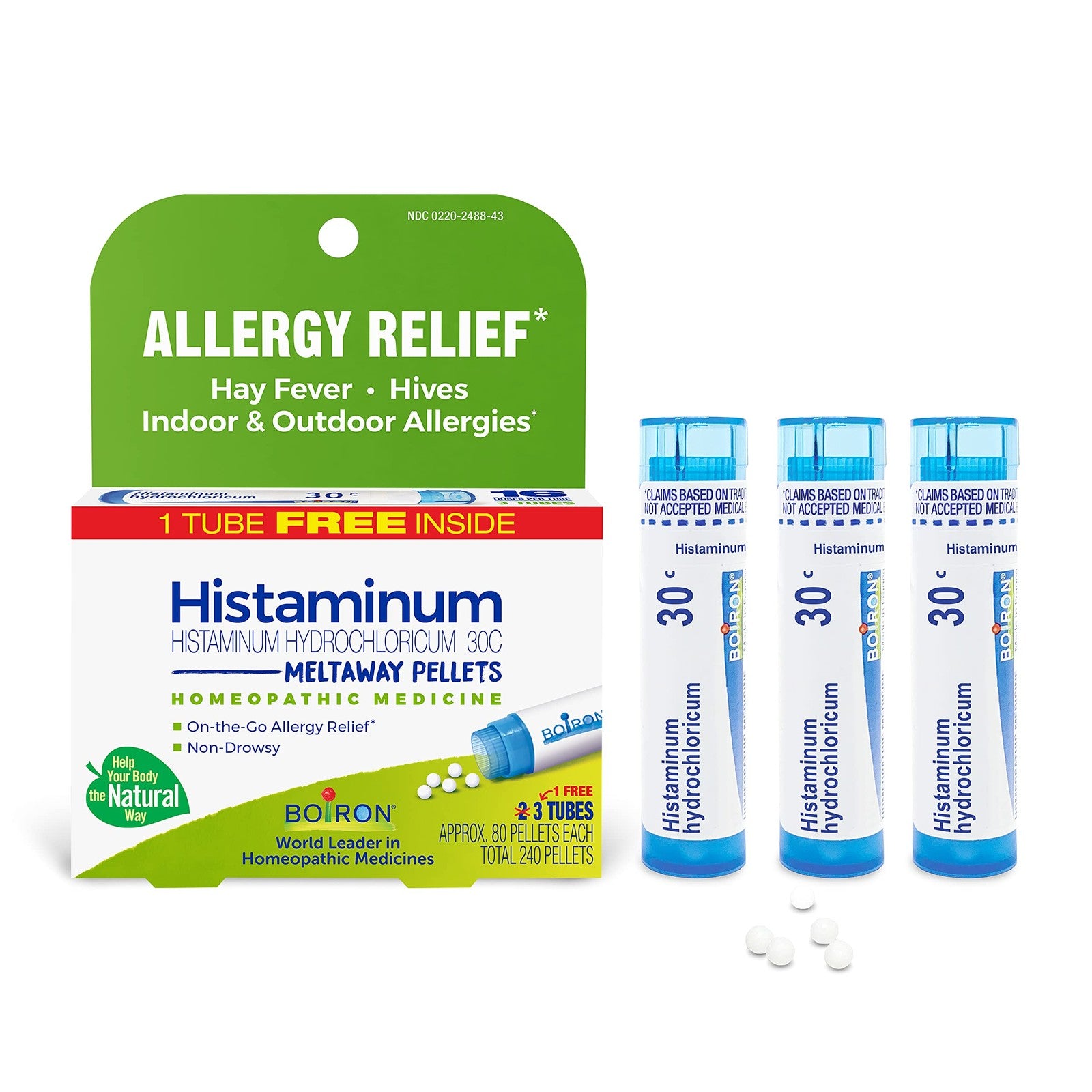 Boiron homeopathic allergy relief medicine bundle featuring Histaminum Hydrochloricum in small vial and packaging.