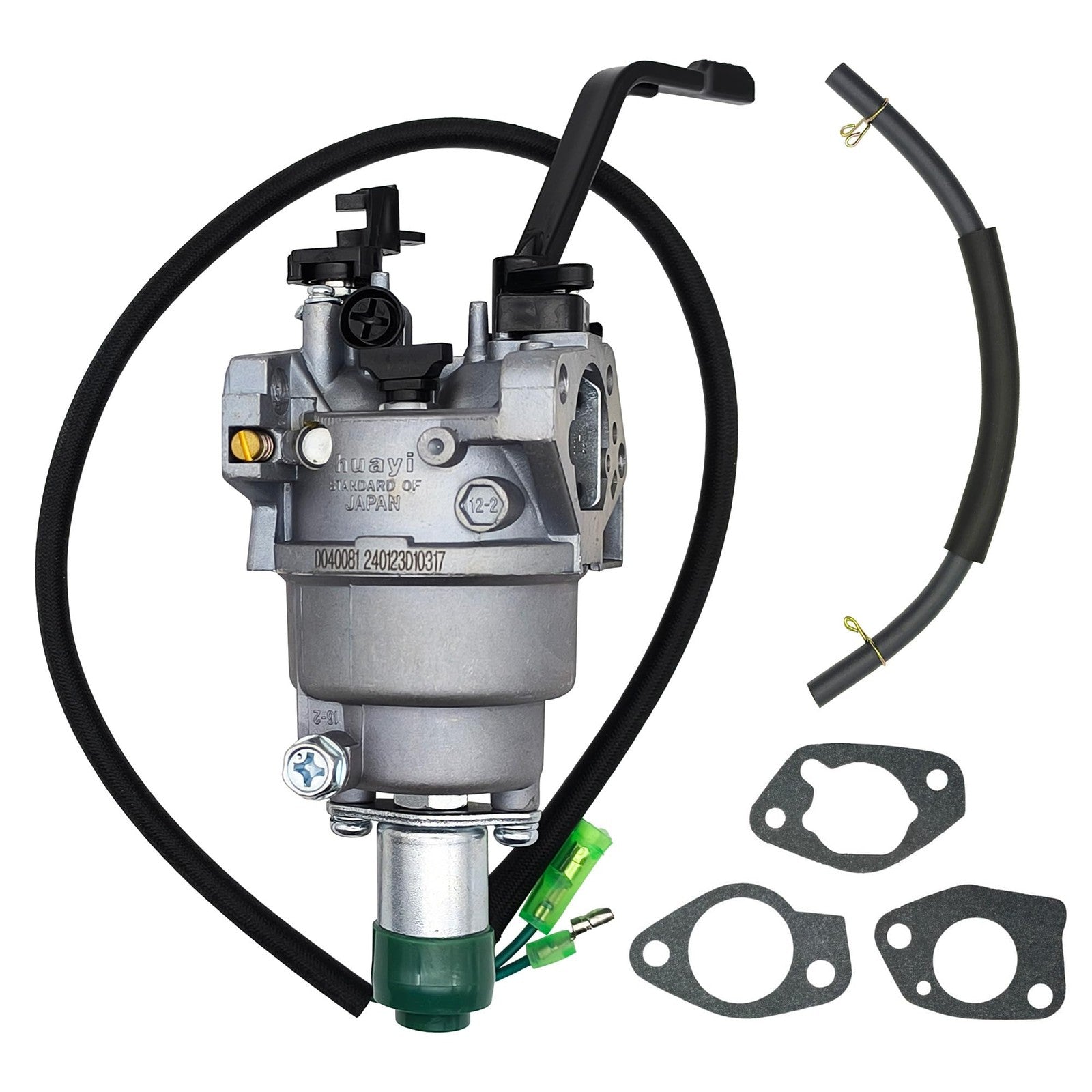 YGQ 420cc GX390 generator carburetor kit with OEM Huayi P27-1D parts, showing the detailed carburetor components on a white background.