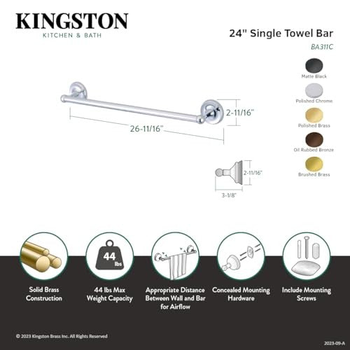 Kingston Brass BA311C classic 24-inch single towel bar in polished chrome mounted on bathroom wall