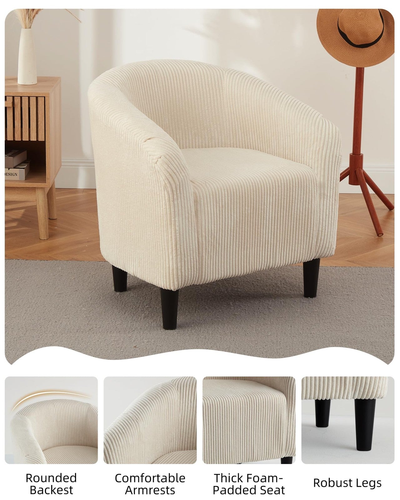Cozy unbranded Garveehome barrel accent chair with corduroy fabric, elegant armchair with a stylish, comfortable design.